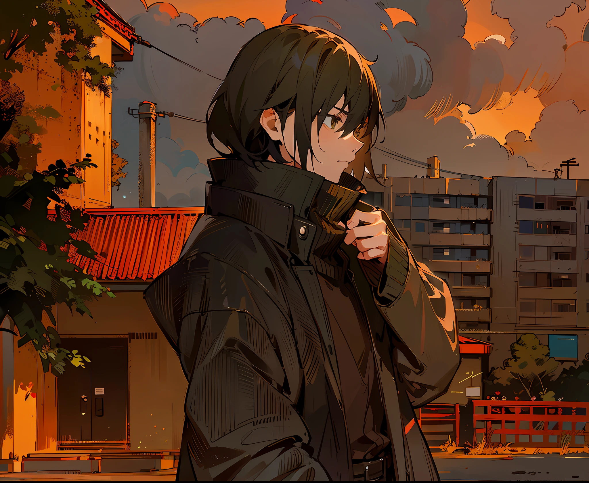 anime - style image of a man in a black coat standing in front of a building, makoto shinkai style, watching the sun set. anime, anime style. 8k, anime style 4 k, makoto shinkai. digital render, shigenori soejima illustration, style of makoto shinkai, inspired by Liam Wong, lofi artstyle