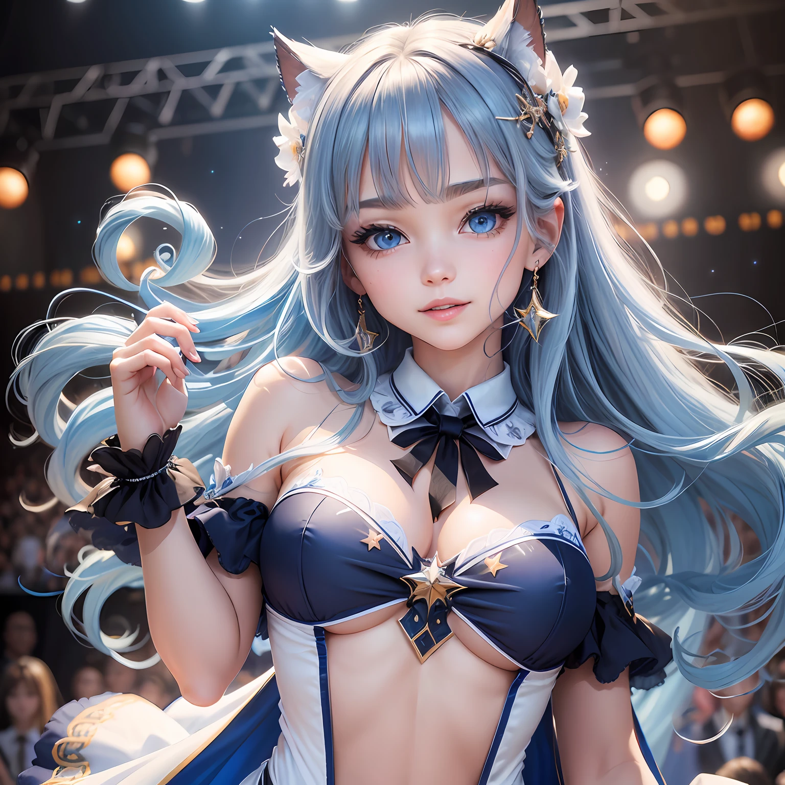 ((Masterpiece)), ((Best Quality)), (Ultra Detailed), ((Lively)), ((Diva)), Best Quality,1 Girl, Blue Eyes, Fair Skin, Detailed Face, Straight Hair, Long Hair, Sky Blue Hair,White Cape,Princess Line,Black String Tie,Bangs Above One Eye, Small,((Skinny)), (Detail)+, (Real)-, Smile, Dynamic Pose, Sky Blue Dress,Sexy and Beautiful, High Detail Eyes, On Stage,Wind, (Colorful Light)++, (Twinkle Star)+, Blush + --auto --s2