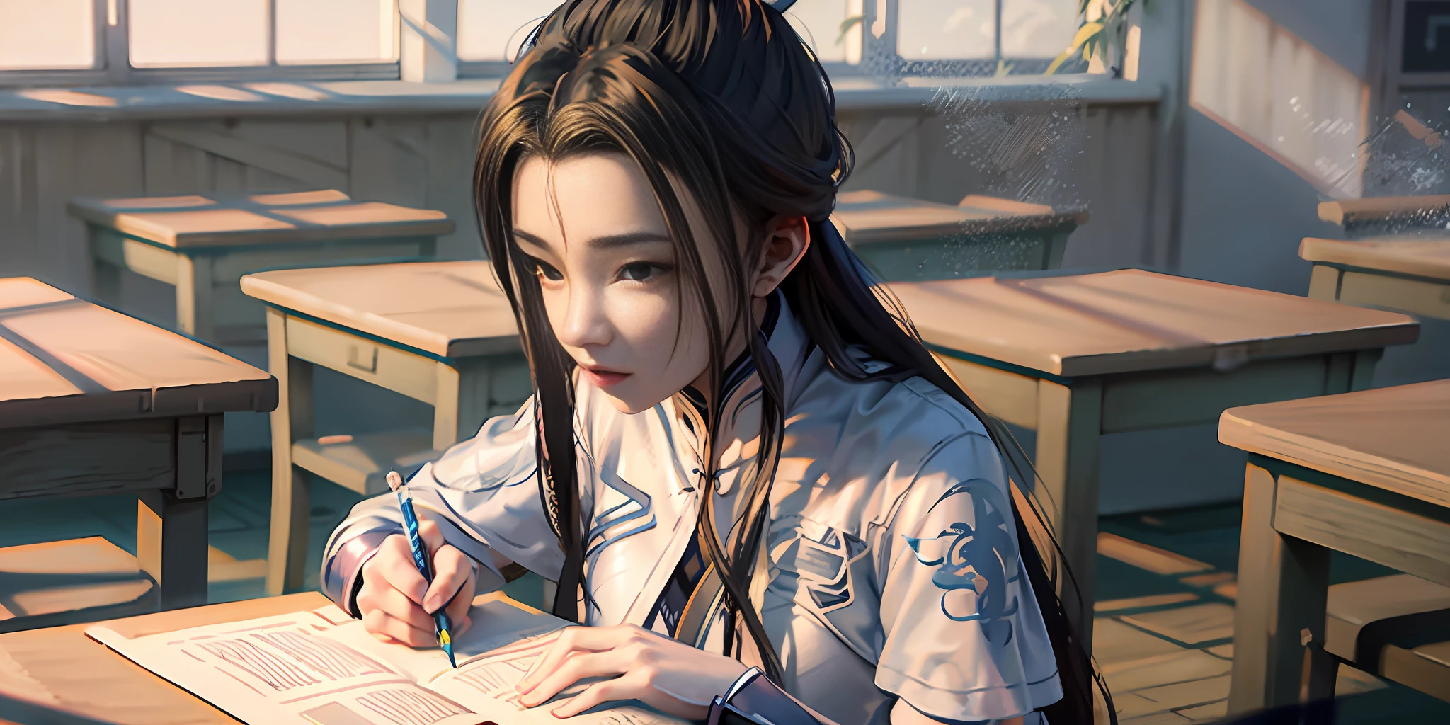 Extremely detailed CG Unity 8k wallpaper, masterpiece, best quality, super detailed, best lighting, best shadows, extremely delicate beauty, emphasis on a girl sitting solo, dynamic lighting and volumetric lighting, exceptionally detailed facial details, long hair and ultra-fine skin, located in classroom interior, 23 neat tables and chairs, classroom background and high school uniform, notebook and books, with pens, Chinese high school style afternoon realistic lighting and dramatic lighting.