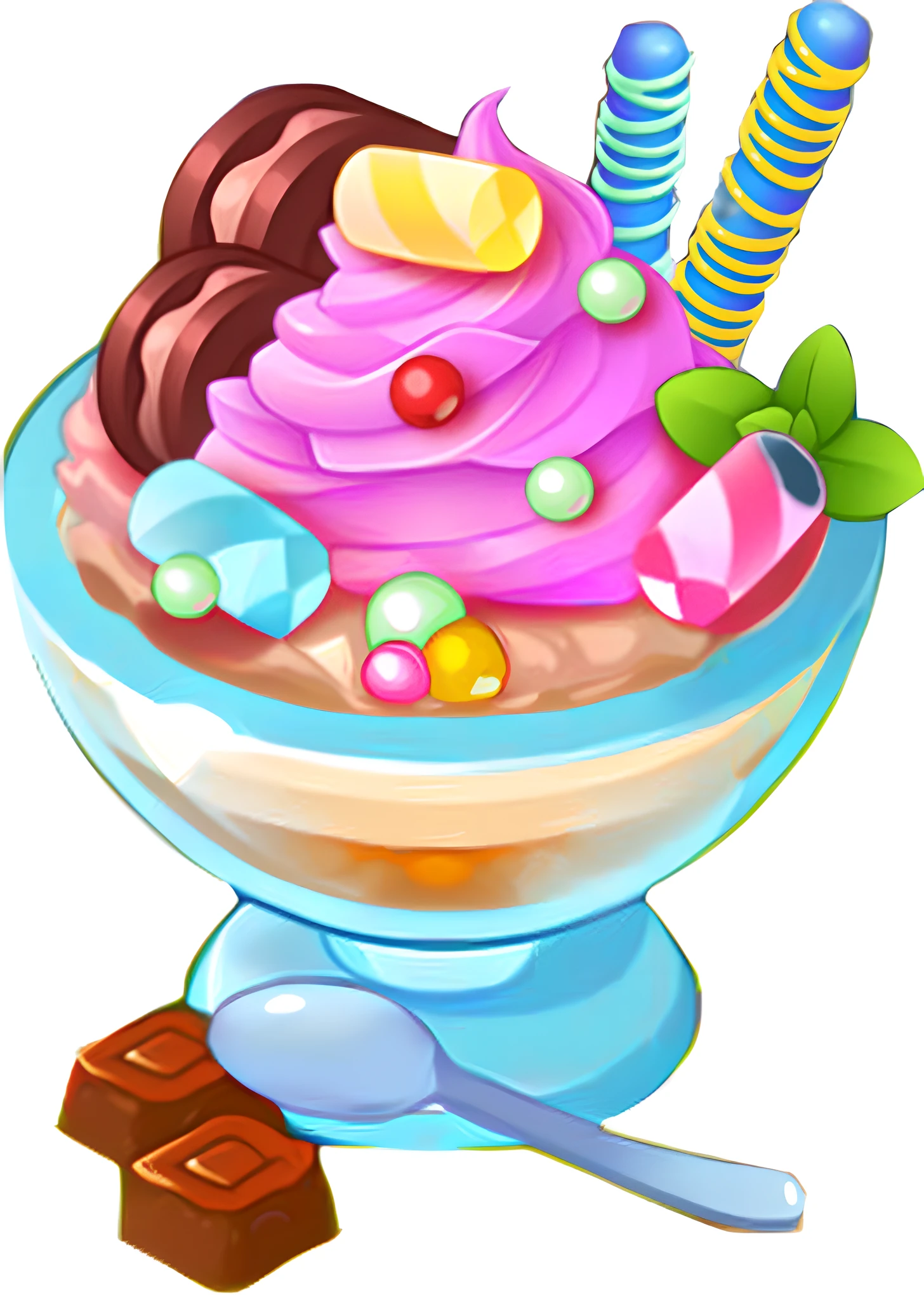 a cartoon ice cream sundae with candy and candy bars, ice cream, 🐿🍸🍋, mountains of ice cream, ice cream on the side, eating ice - cream, ❤🔥🍄🌪, ice cream cone, unknown, fantasy food world, delicious, eating ice cream, sea of parfait, yummy, casual playrix games, 🍸🍋