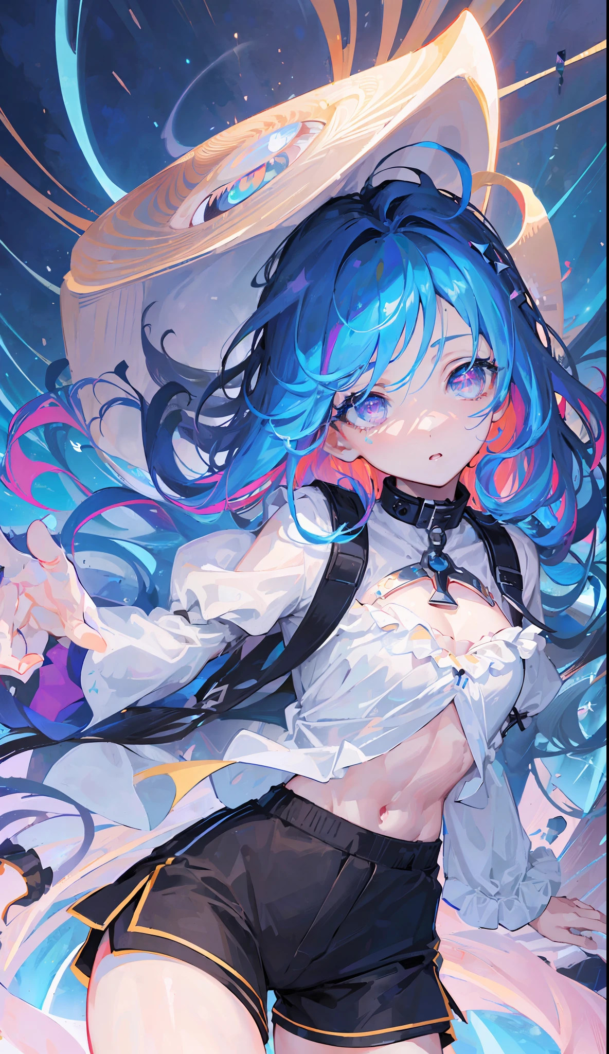 ((big chest, tomboy, small head)), (cut abs: 1.1), (perfect body: 1.1), (short wavy hair: 1.2), auburn hair, collar, chain, full body, workout , sweat, femboy, futa ((shorts)), (extremely detailed CG 8k wallpaper), (extremely delicate and beautiful), (masterpiece), (best quality: 1.0), (ultra high resolution: 1.0), beautiful lighting, perfect lightning, realistic shadows, [high resolution], detailed skin, super detailed (((colorful))),close-up, big eyes, eyes, complex eyes, unique pupils, unusual pupils,starry sky, stars in the background, shining halo,((ultra detail retina:1.5)),embarassed, (midriff),((ultra detail eyes:1.5)),((extremely detailed CG unity 8k wallpaper,masterpiece, best quality)), ((ultra-detailed)),(best illumination, best shadow, an extremely delicate and beautiful),(extremely detailed CG unity 8k wallpaper,masterpiece, best quality, ultra-detailed),(best illumination, best shadow, an extremely delicate and beautiful),((panoramic view)),((far away)),(full body)
