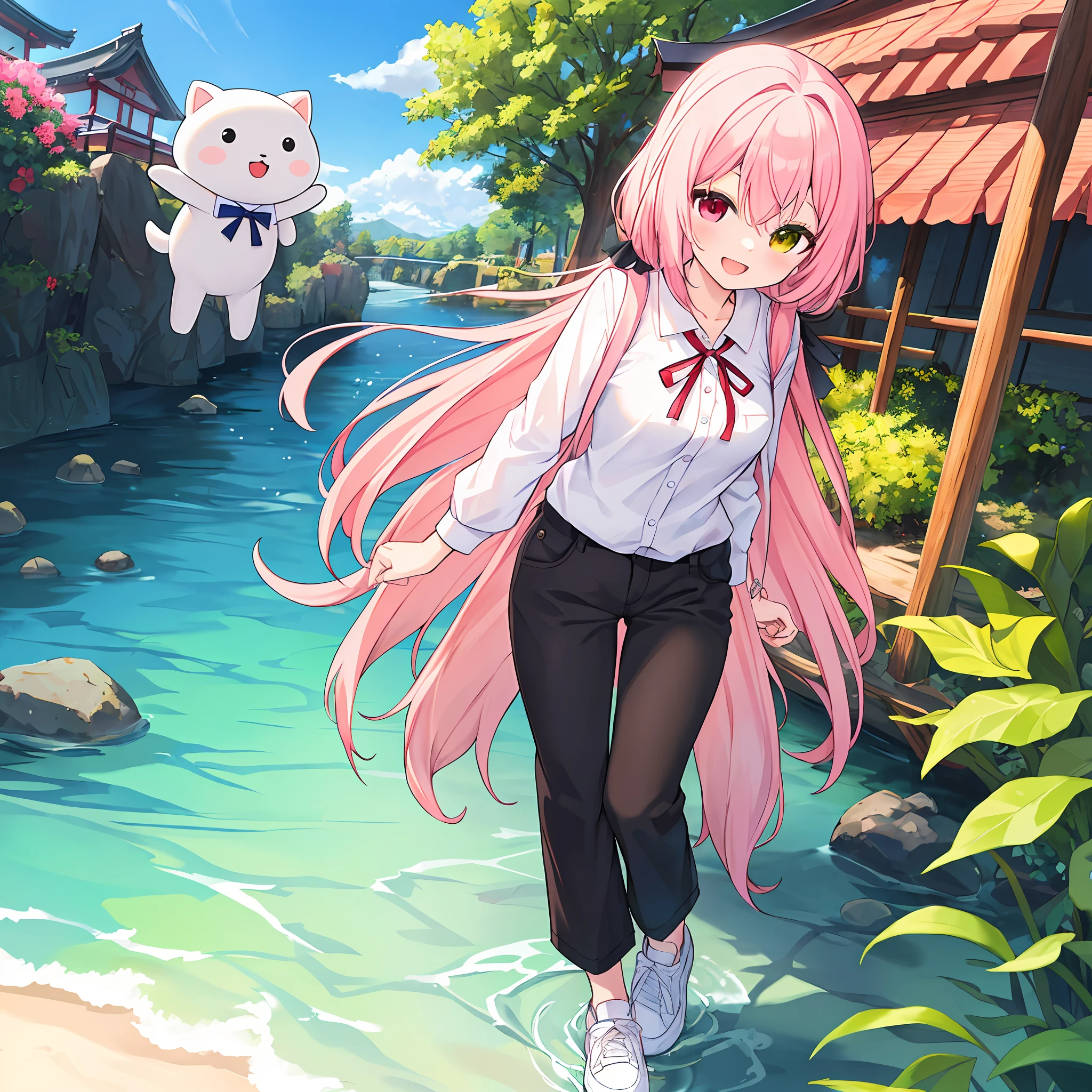 (Masterpiece, Super Detail, Top Quality, 8k, 32K, High Resolution, Kyoto Animation Style Anime Illustrations, Top Quality Official Art Features: 1.6), (Heterochromia, Blue and Green Eyes: 1.8), (Chibi: 1.8), (Caregiver, One Cute Girl, Solo, Standing, Watch Viewer, Full Body, Predecessor, Cute Open Mouth, Makeup, Cute, Happy Smile: 1.3), (Lori : 1.2), (cute: 1.5), (Clothing: black long undershirt, 3 button simple design red polo shirt, black pants), (Footwear: sneakers), (Pale pink hair, twin blades, long hair, hair ribbon, cute ribbon: 1.1), thin eyebrows, big breasts, standing, full body