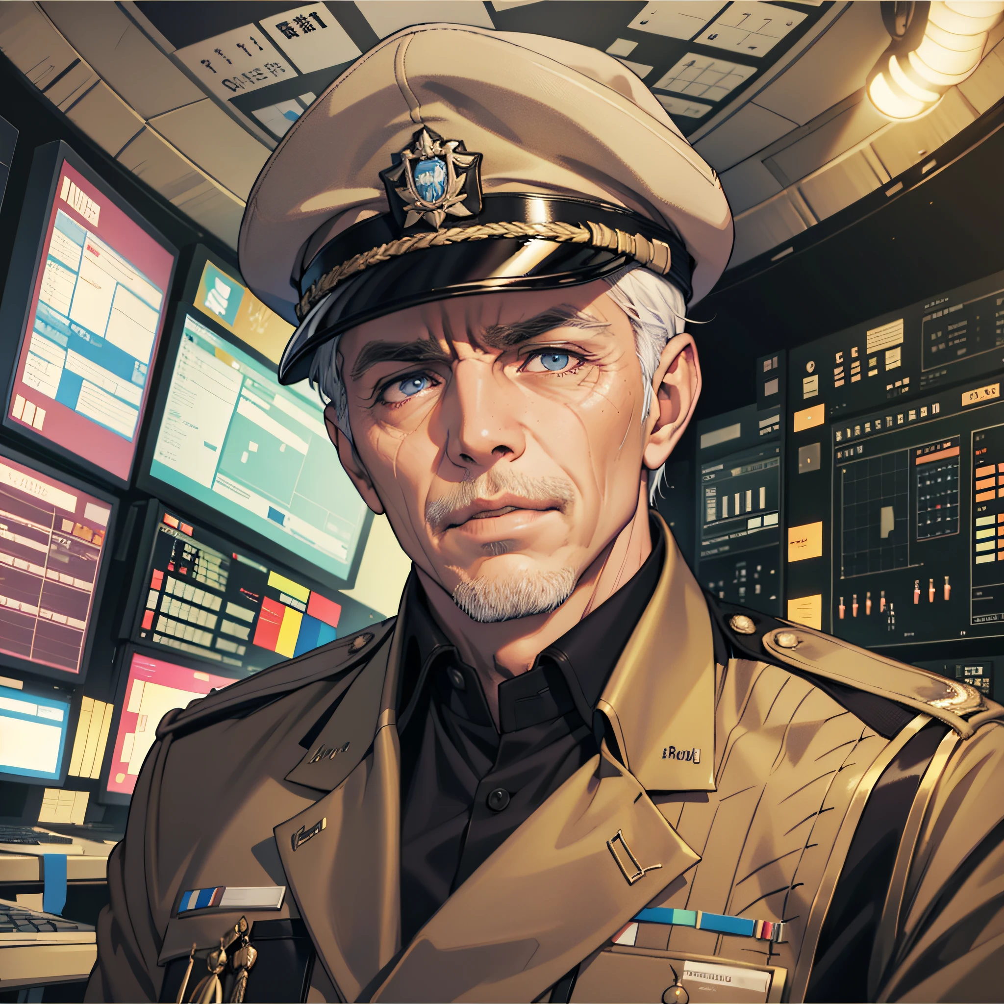 Older man, wrinkled, fine eyes, bachelor uniform, looking at the audience, with hat, control room background