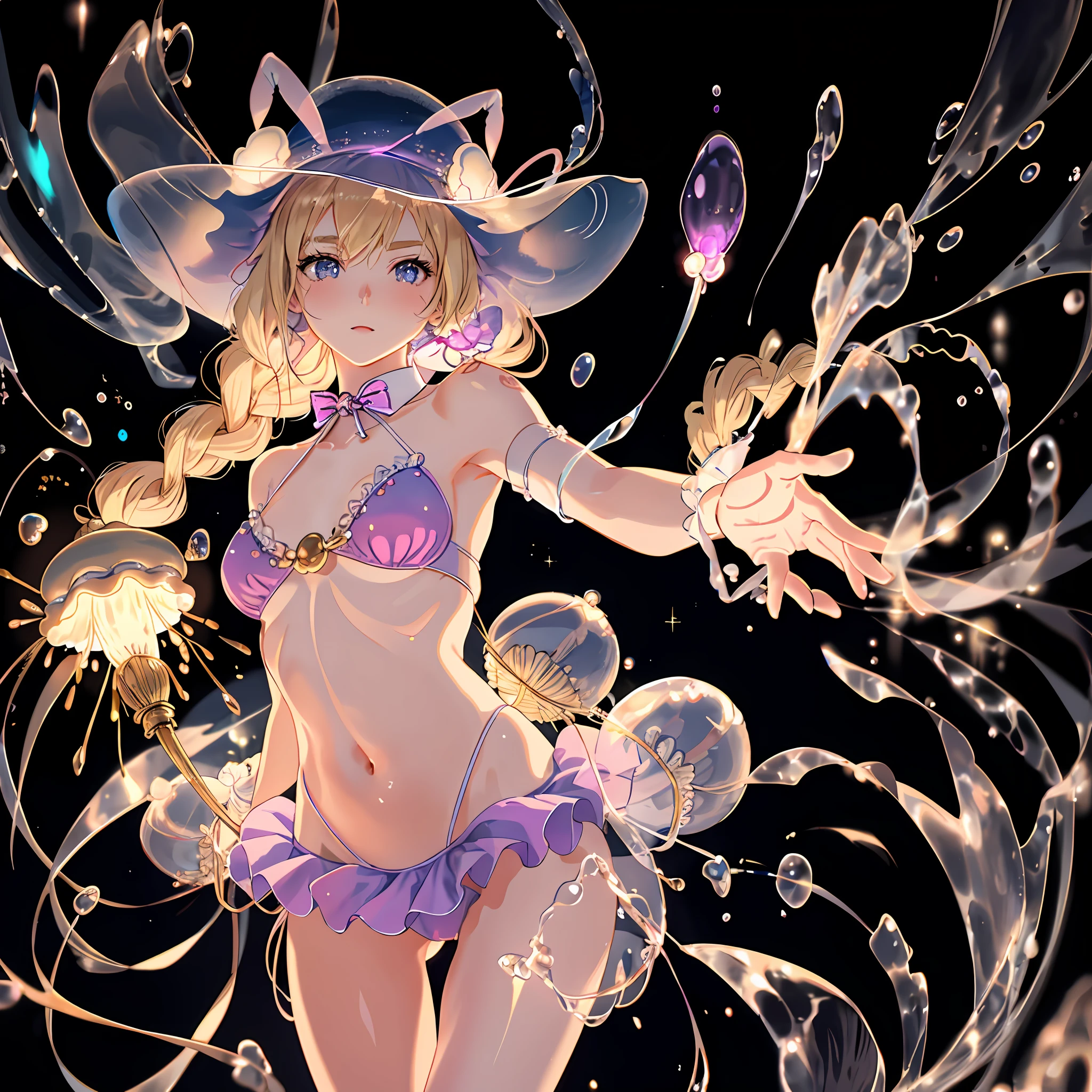 Jellyfish hat, jellyfish nipple seal, bikini and jellyfish fusion, active pose, natural luminescence, pigtails, rabbit ears, small, lower breasts, female brat, thick eyebrows, thin waist, beautiful blonde, braid, (masterpiece), ((highest quality)), (super detailed), girl, (beautiful eyes)), beautiful detailed eyes, clean and detailed face, five fingers, textile shading, perfect anatomy,