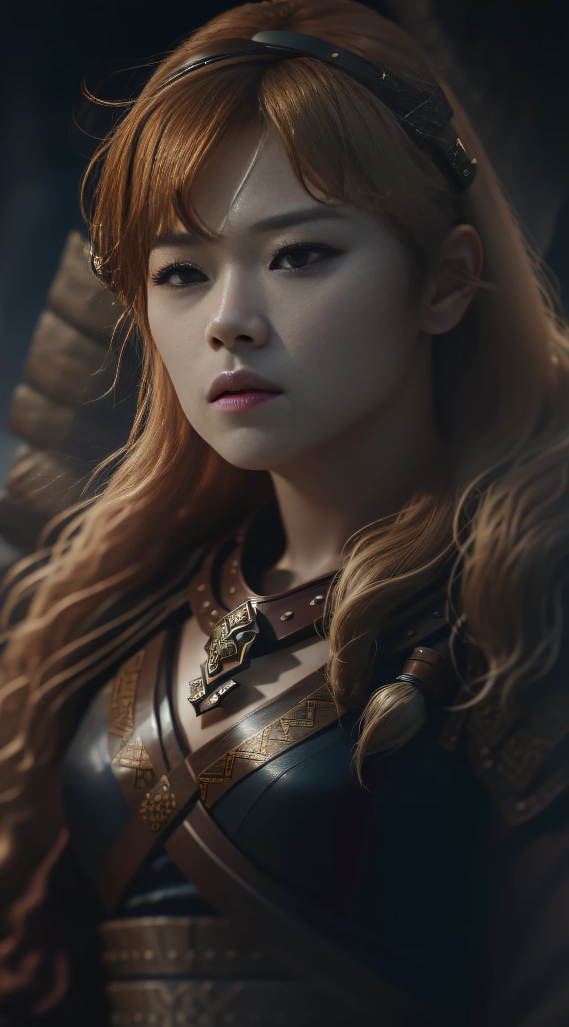 Movie poster, Yoo Jeongyeon as a Viking female warrior, 1girl, with a Viking style tattoo on her body, long brown hair, delicate face, holding a Viking long bow, leather equipment, highly detailed, complex details, volumetric lighting, 4K rendering, ultra-realistic, realistic textures,