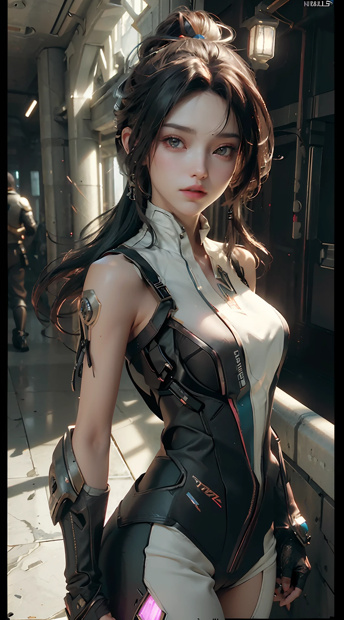 ((Best quality)), ((masterpiece)), (detailed:1.4), 3D, an image of a beautiful cyberpunk female,HDR (High Dynamic Range),Ray Tracing,NVIDIA RTX,Super-Resolution,Unreal 5,Subsurface scattering,PBR Texturing,Post-processing,Anisotropic Filtering,Depth-of-field,Maximum clarity and sharpness,Multi-layered textures,Albedo and Specular maps,Surface shading,Accurate simulation of light-material interaction,Perfect proportions,Octane Render,Two-tone lighting,Wide aperture,Low ISO,White balance,Rule of thirds,8K RAW,