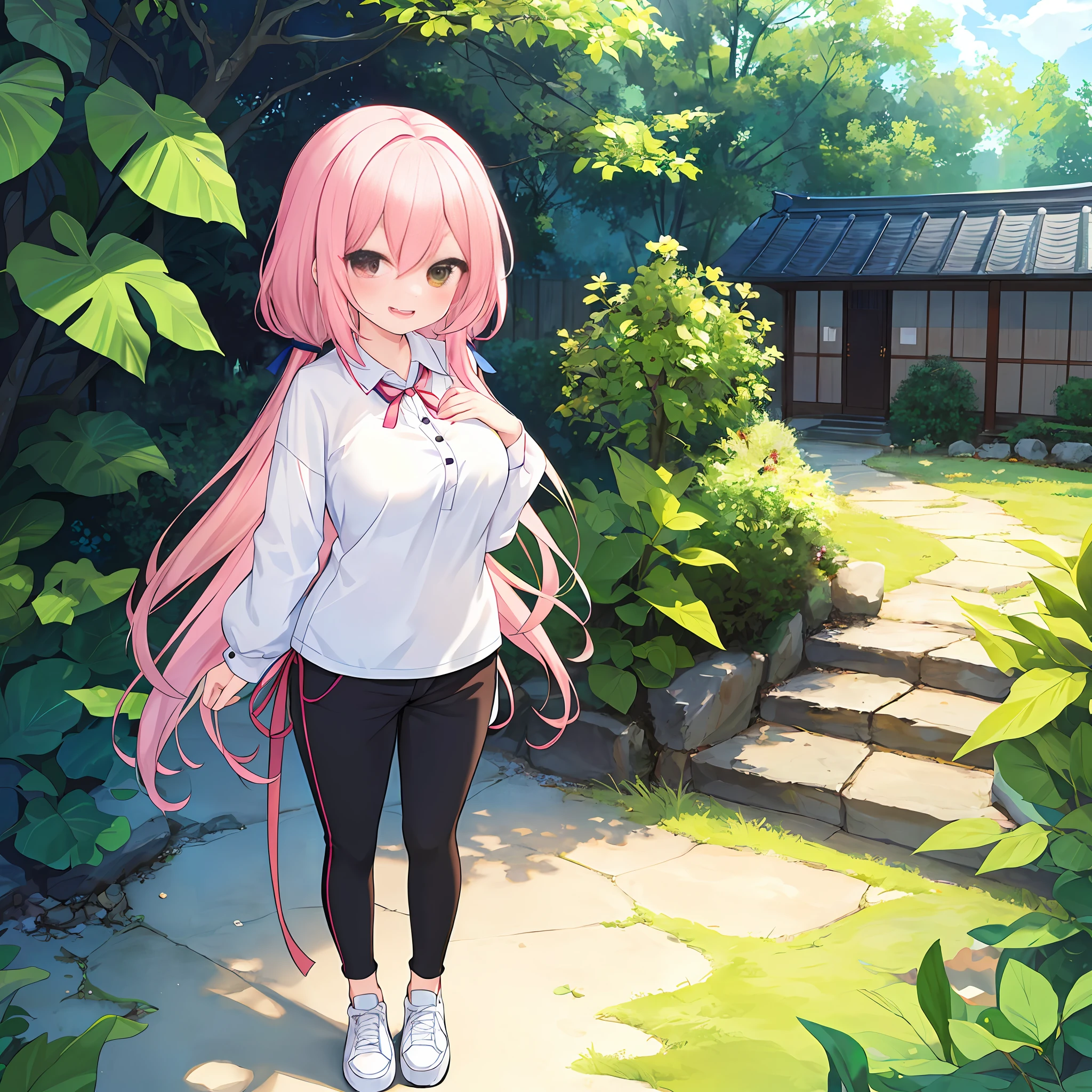(Masterpiece, Super Detail, Top Quality, 8k, 32K, High Resolution, Kyoto Animation Style Anime Illustrations, Top Quality Official Art Features: 1.6), (Heterochromia, Blue and Green Eyes: 1.8), (Chibi: 1.8), (Caregiver, One Cute Girl, Solo, Standing, Watch Viewer, Full Body, Predecessor, Cute Open Mouth, Makeup, Cute, Happy Smile: 1.3), (Lori : 1.2), (cute: 1.5), (Clothing: black long undershirt, 3 button simple design red polo shirt, black pants), (Footwear: sneakers), (Pale pink hair, twin blades, long hair, hair ribbon, cute ribbon: 1.1), thin eyebrows, big breasts, standing, full body