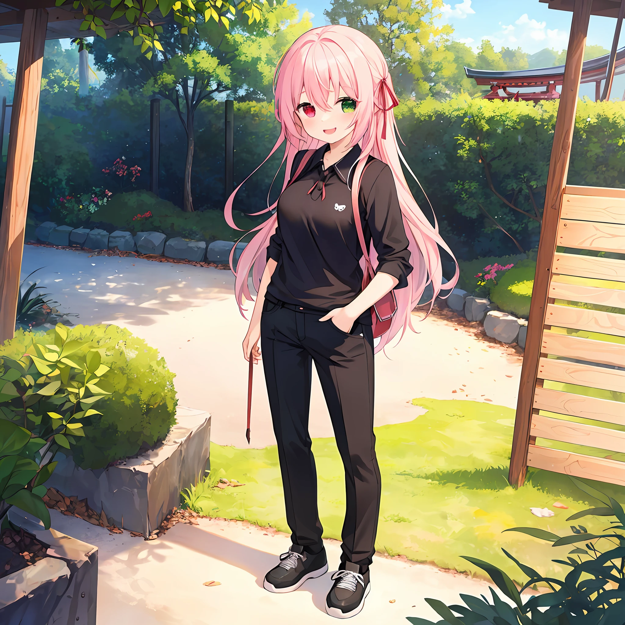 (Masterpiece, Super Detail, Top Quality, 8k, 32K, High Resolution, Kyoto Animation Style Anime Illustrations, Top Quality Official Art Features: 1.6), (Heterochromia, Blue and Green Eyes: 1.8), (Chibi: 1.8), (Caregiver, One Cute Girl, Solo, Standing, Watch Viewer, Full Body, Predecessor, Cute Open Mouth, Makeup, Cute, Happy Smile: 1.3), (Lori : 1.2), (cute: 1.5), (Clothing: black long undershirt, 3 button simple design red polo shirt, black pants), (Footwear: sneakers), (Pale pink hair, twin blades, long hair, hair ribbon, cute ribbon: 1.1), thin eyebrows, big breasts, standing, full body