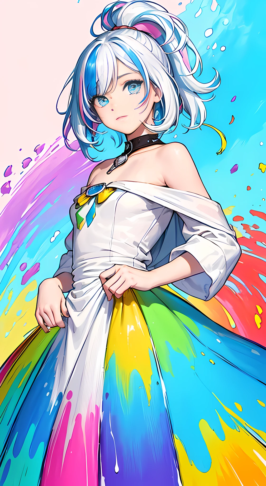 (Pink Fashion T-shirt:1.9),(Colorful hair: 1.8), (all the colours of the rainbow: 1.8),(((((vertical painting:1.6))), (painting:1.6),front, comics, illustrations, paintings, large eyes, crystal clear eyes,( rainbow color gradient high ponytail:1.7), exquisite makeup, closed mouth,(Small Fresh: 1.5),(Wipe Chest: 1.6) ,long eyelashes, white off shoulder T-shirt, White Shoulder Shirt,looking at the audience, large watery eyes, (rainbow colored hair:1.6), color splash, (solo:1.8), color splash, color explosion, thick paint style, messy lines, ((shining)),(colorful), (colorful), (colorful), colorful, Thick Paint Style, (Splash) (Color Splash), Vertical Painting, Upper Body, Paint Splash, Acrylic Pigment, Gradient, Paint, Highest Image Quality, Highest Quality, Masterpiece, Solo, Depth of Field, Face Paint, colorful clothes, (Elegant: 1.2), gorgeous,long hair, wind, (Elegant: 1.3), (Petals: 1.4),(((masterpiece))),(((best quality))),((ultra-detailed)),(illustration),(dynamic angle),((floating)),(paint),((disheveled hair)),(solo),(1girl) , (((detailed anima face))),((beautiful detailed face)),collar,bare shoulders,white hair, ((colorful hair)),((streaked hair)),beautiful detailed eyes,(Gradient color eyes),(((colorful eyes))),(((colorful background))),(((high saturation))),(((surrounded by colorful splashes))),