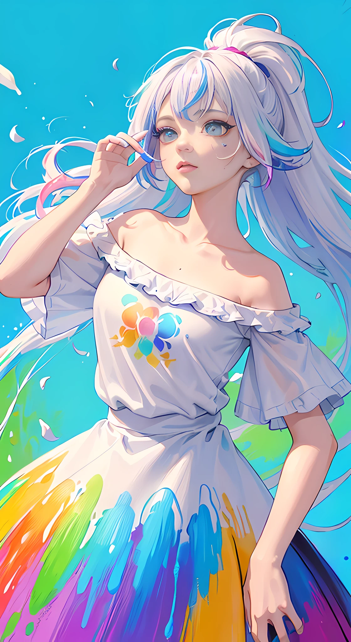(Pink Fashion T-shirt:1.9),(Colorful hair: 1.8), (all the colours of the rainbow: 1.8),(((((vertical painting:1.6))), (painting:1.6),front, comics, illustrations, paintings, large eyes, crystal clear eyes,( rainbow color gradient high ponytail:1.7), exquisite makeup, closed mouth,(Small Fresh: 1.5),(Wipe Chest: 1.6) ,long eyelashes, white off shoulder T-shirt, White Shoulder Shirt,looking at the audience, large watery eyes, (rainbow colored hair:1.6), color splash, (solo:1.8), color splash, color explosion, thick paint style, messy lines, ((shining)),(colorful), (colorful), (colorful), colorful, Thick Paint Style, (Splash) (Color Splash), Vertical Painting, Upper Body, Paint Splash, Acrylic Pigment, Gradient, Paint, Highest Image Quality, Highest Quality, Masterpiece, Solo, Depth of Field, Face Paint, colorful clothes, (Elegant: 1.2), gorgeous,long hair, wind, (Elegant: 1.3), (Petals: 1.4),(((masterpiece))),(((best quality))),((ultra-detailed)),(illustration),(dynamic angle),((floating)),(paint),((disheveled hair)),(solo),(1girl) , (((detailed anima face))),((beautiful detailed face)),collar,bare shoulders,white hair, ((colorful hair)),((streaked hair)),beautiful detailed eyes,(Gradient color eyes),(((colorful eyes))),(((colorful background))),(((high saturation))),(((surrounded by colorful splashes))),