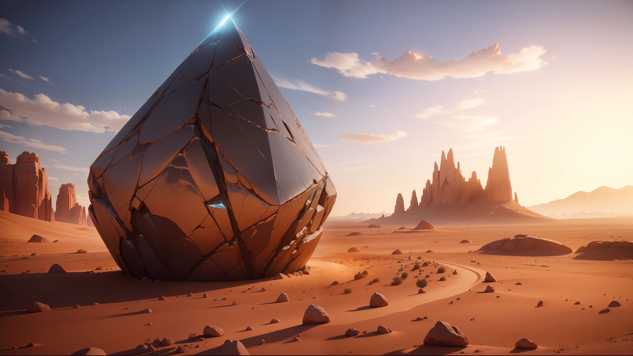 there is a large rock in the middle of a desert, unreal engine render saint seiya, anamorphic bokeh and lens flares, cymatics, still from a music video, triangular elements, psytrance, the artist has used bright, martian sands background