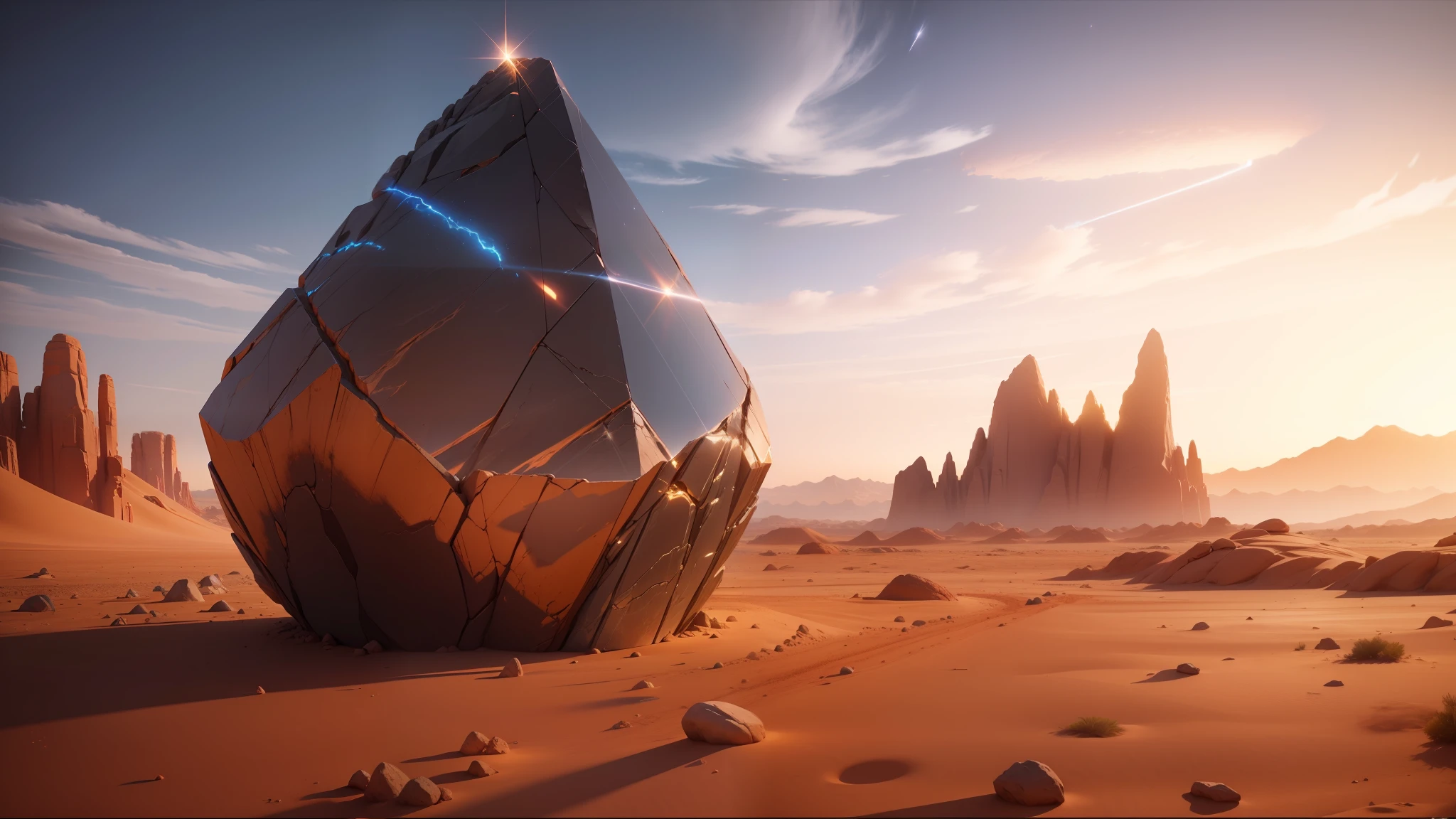 there is a large rock in the middle of a desert, unreal engine render saint seiya, anamorphic bokeh and lens flares, cymatics, still from a music video, triangular elements, psytrance, the artist has used bright, martian sands background