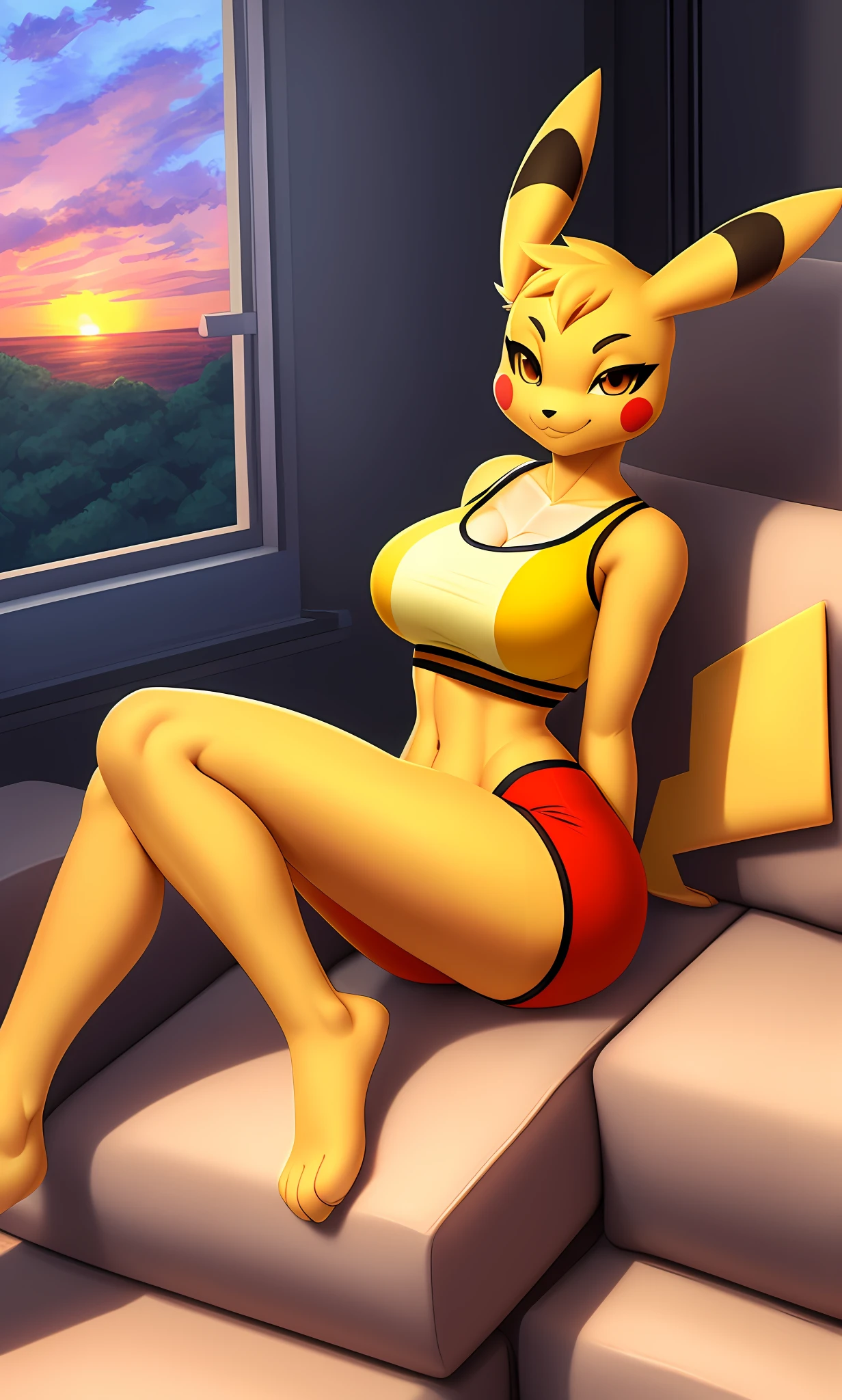 [Uploaded to e621.net; Twistedterra] [Uploaded to pngegg.com; pikachu], ((masterpiece)), ((solo portrait)), ((furry; antrho)), ((detailed fur)), ((raytracing)), ((detailed shading)), ((beautiful render art)), {anthro pikachu; (yellow fur), round clear brown eyes, seductive gaze; (bedroom eyes, smug smirk), large boobs, orange sports bra, athletic body, orange yoga shorts}, (slouching on couch; (legs spread), attractive pose), [background; livingroom, window; (outside sunset)]