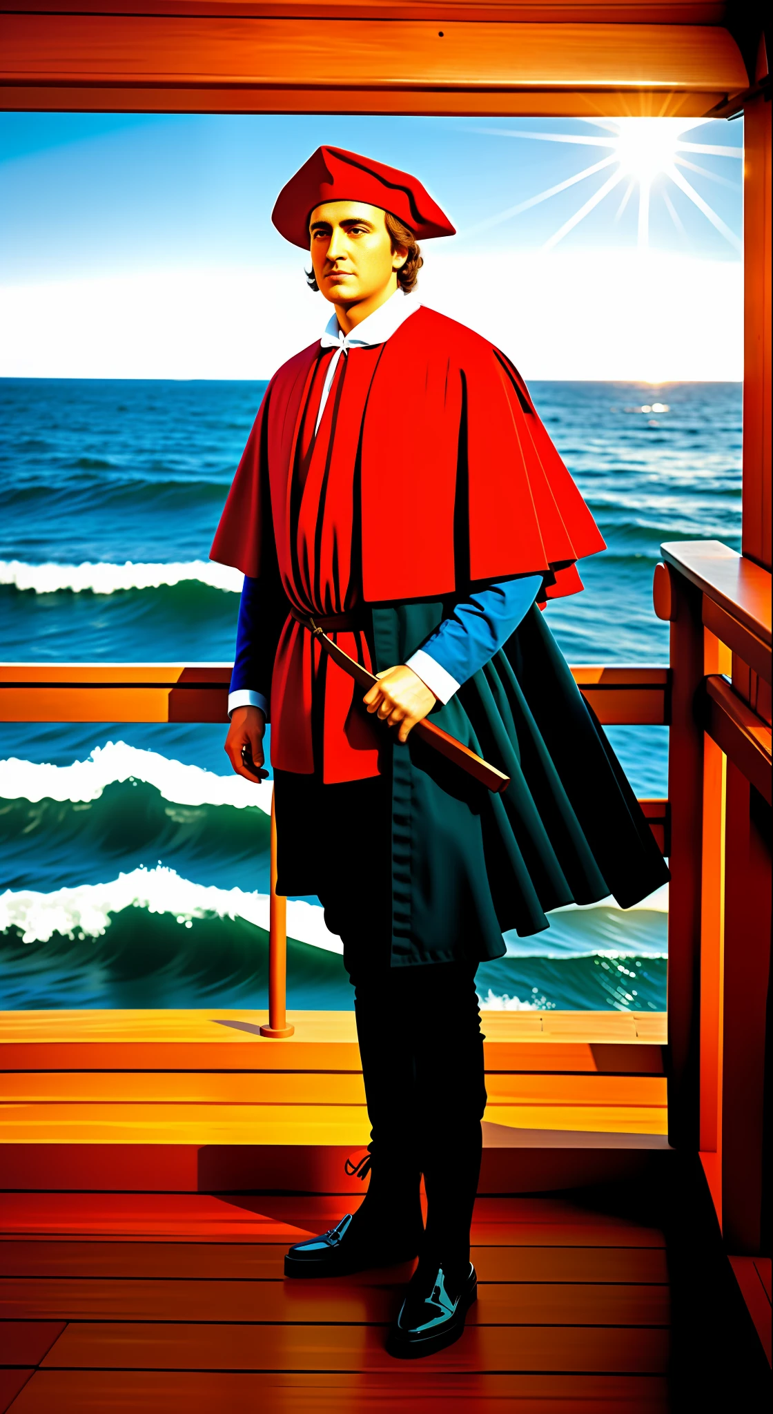 Christopher Columbus, in period-appropriate attire, standing on the deck of a wooden ship, looking out at the horizon, sunrise, clear sky, ocean waves, realistic style