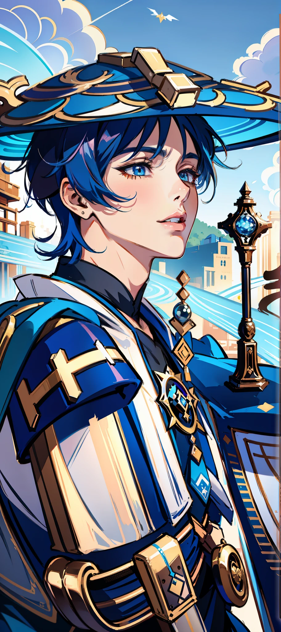 (masterpiece),(best quality:1.0), (ultra highres:1.0), detailed illustration, 8k, anime, masterpiece, wearing a wide blue hat over head, large detailed hat, best quality,(wanderer:1.2), letterboxed, (genshin impact), 1boy, male focus, solo, vest,(kbxll:0.5), anime style, vibrant
