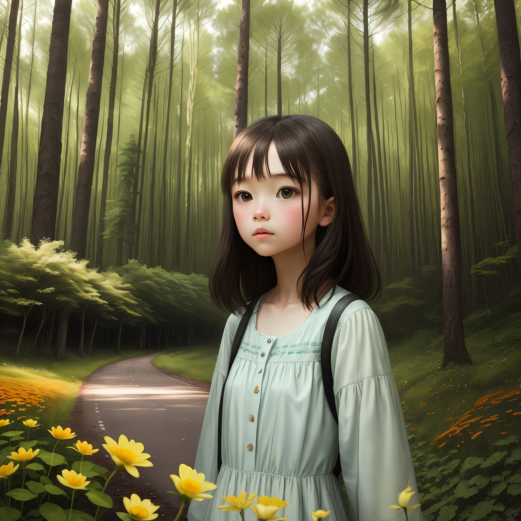 Road in the Forest and girl and flower fall off and missing photo paint
