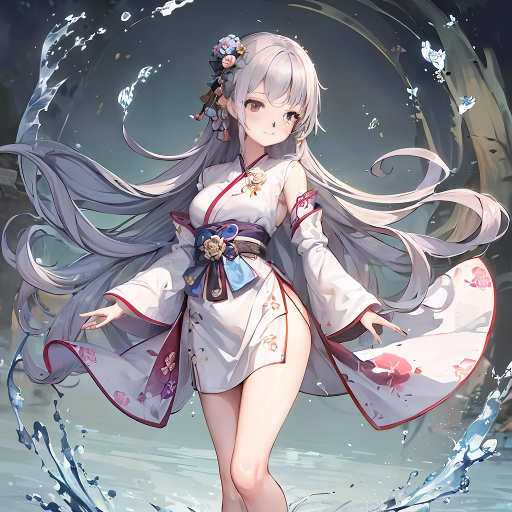 (4K, Masterpiece, Best Quality, Artwork), Ink, Chinese Painting, Lotus, Hanbok, Hanbok, Maxiskit, (Body Pose Random), Beautiful and Delicate Eyes (Beautiful Delicate Delicate Girl), (Beautiful Delicate Delicate Face), Dressed conservatively, 1 Beautiful Girl, Solo, Long Blue Hair, Smiling, Standing, Feet in Water, Barefoot, Looking at the Audience,