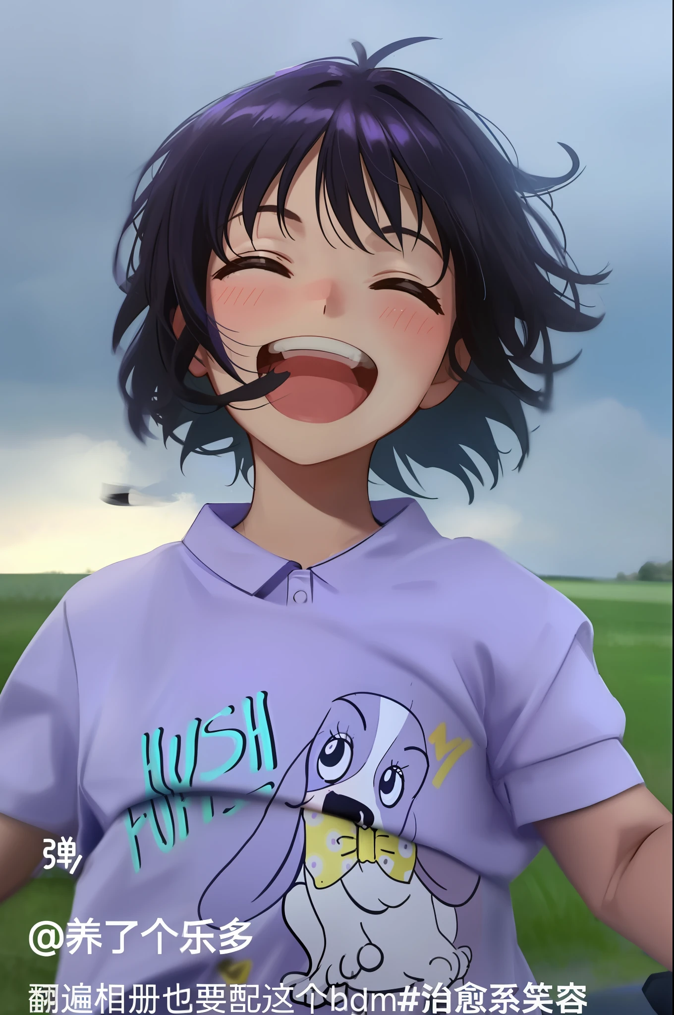 A 2-year-old little girl, wearing purple short sleeves, close-up of laughing, she is laughing, her hair is fluttering in the wind, she is laughing, closing her eyes with laughter, laughing madly, she is smiling and excited, she expresses joy, laughs hysterically, giggles, cheerful expression, she has a cute expression, excited expression, funny, happy child, laughing, crazy crazy laughing, playful laughter, laughing and screaming face, on the grass, close-up of the upper body,