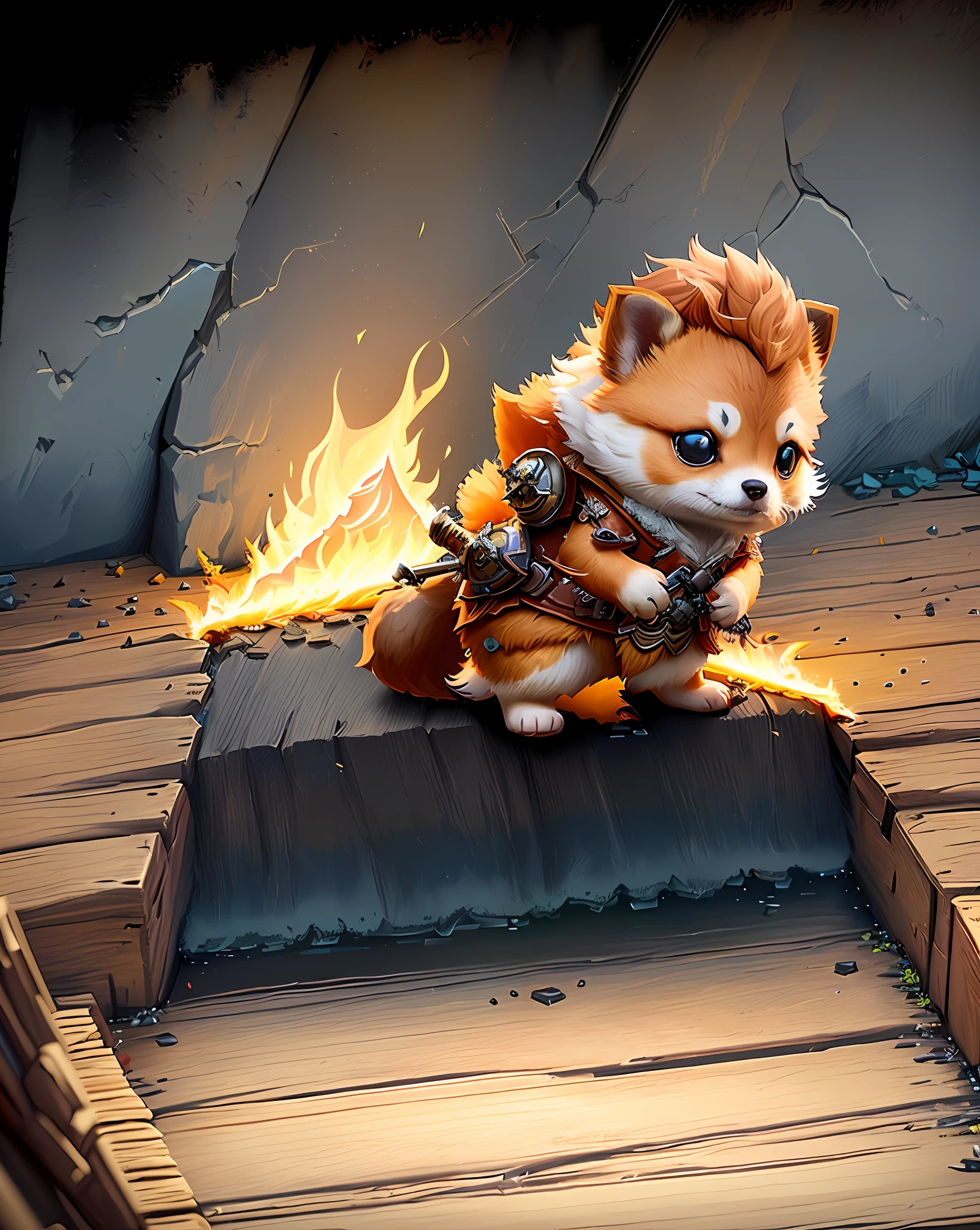 there is a cartoon image of a small dog dressed in a costume, adorable digital painting, cute detailed digital art, ferret warrior, fox from league of legends chibi, depicting a corgi made of fire, 3 d epic illustrations, detailed game art illustration, cute 3 d render, furry fantasy art, game illustration, cute digital art, mobile game art