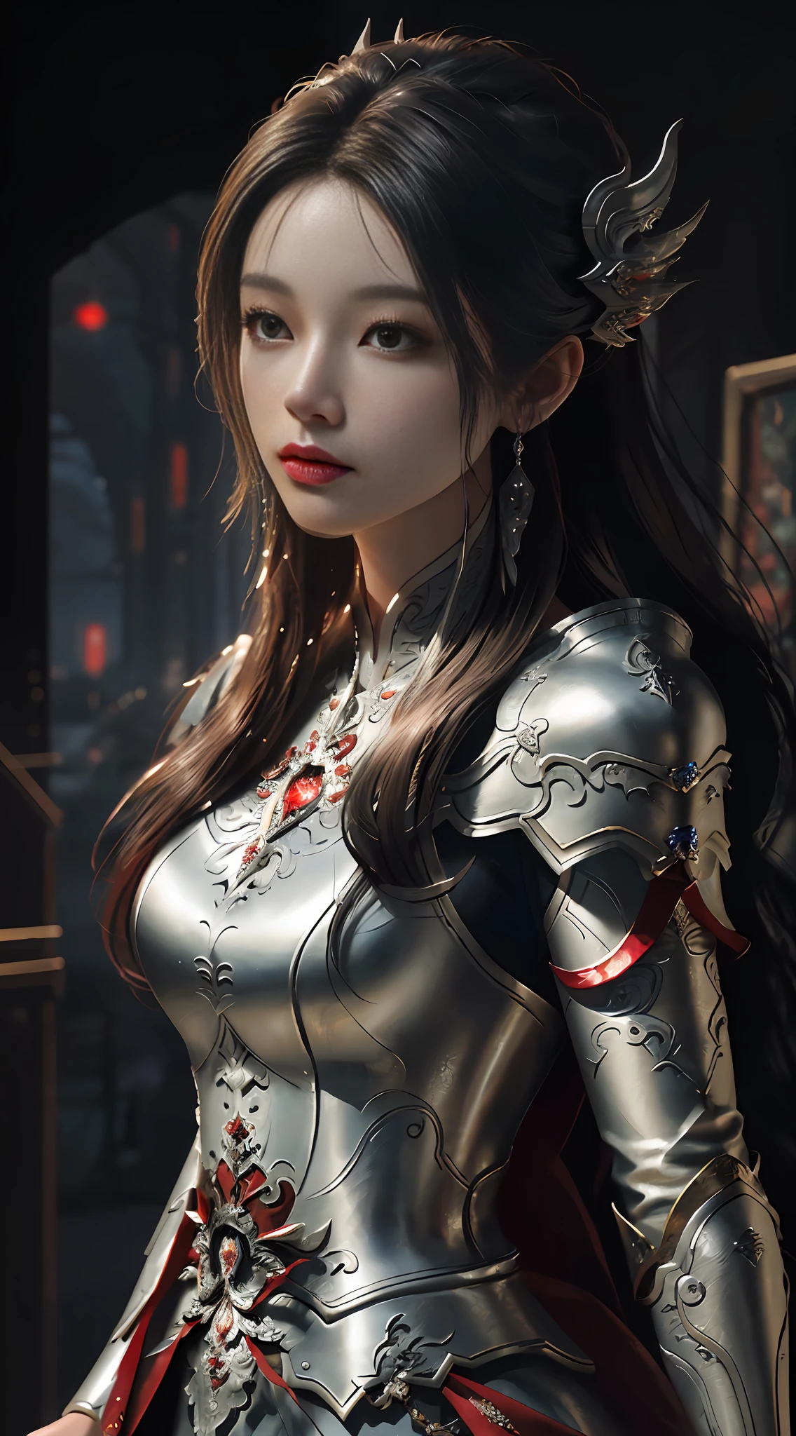 Close-up of a woman in a silver and red dress, Cheng Wei Pan on ArtStation, by Yang J, Detailed Fantasy Art, Stunning Character Art, Best Art in Fan Art, Epic Exquisite Character Art, Beautiful Armor, Extremely Detailed Art Germ, Detailed Digital Anime Art, Artgerm on ArtStation Pixiv, Armor Girl, (l