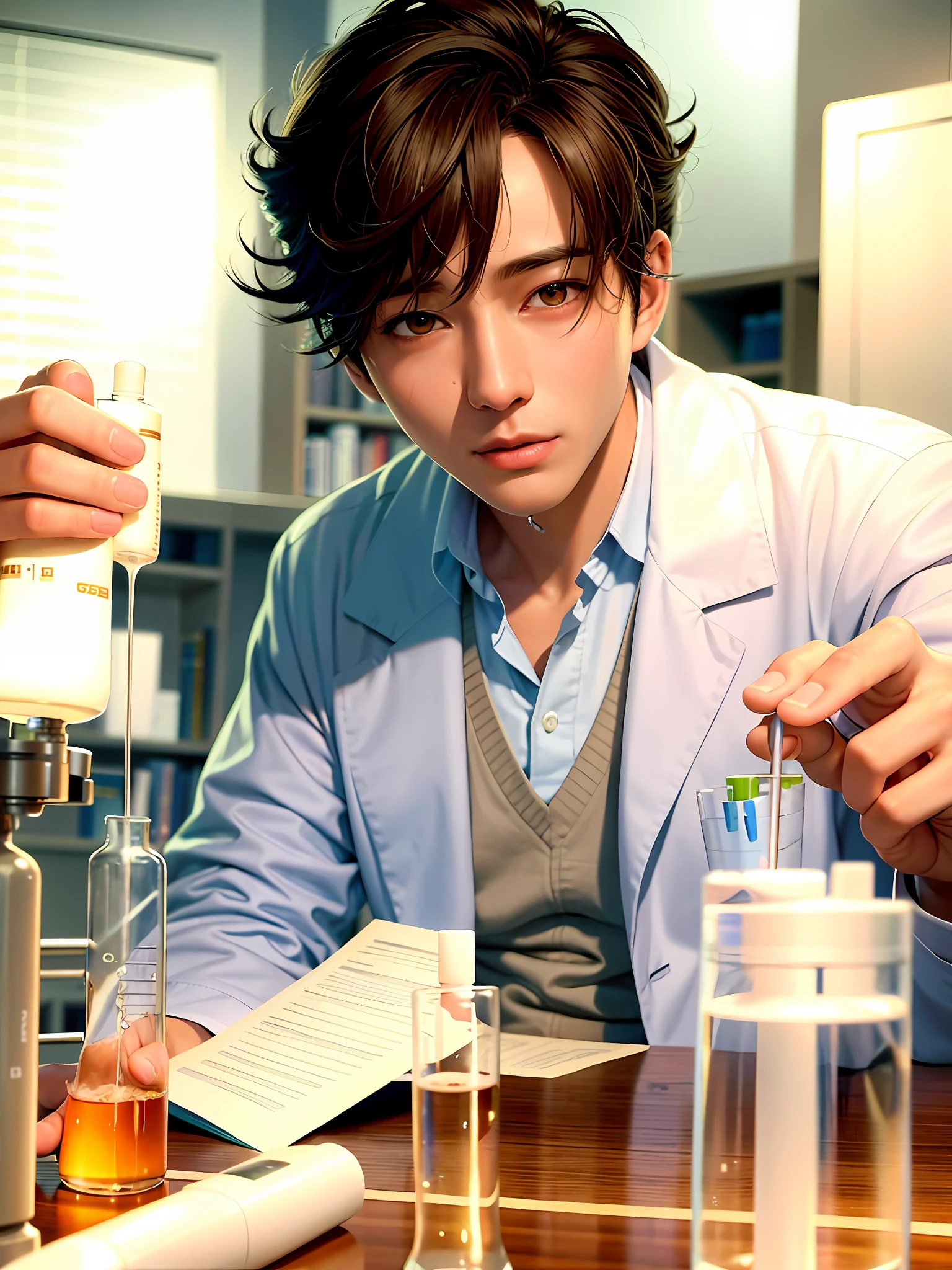 (best quality), (photo-realistic:1),realistic skin texture,bokeh,face focus ,looking at viewer,
pharmacist man,white lab coat,young, handsome,
lab，do experiments, test tube,beaker,microscope，bookshelf，colored liquid，