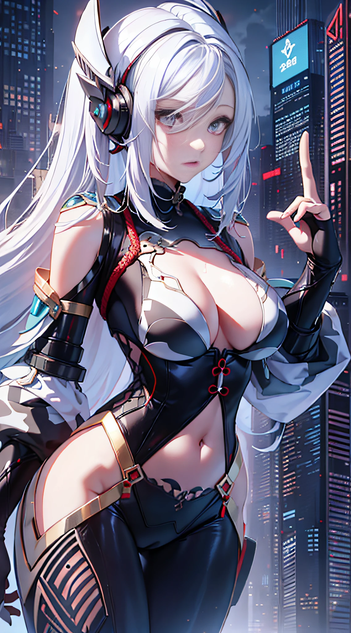 Long white hair, ((may God, (Shenhe, Shenhe))), cyberpunk, (detail: 1.4), robotic arm, body definition thick thigh cybernetic body parts
