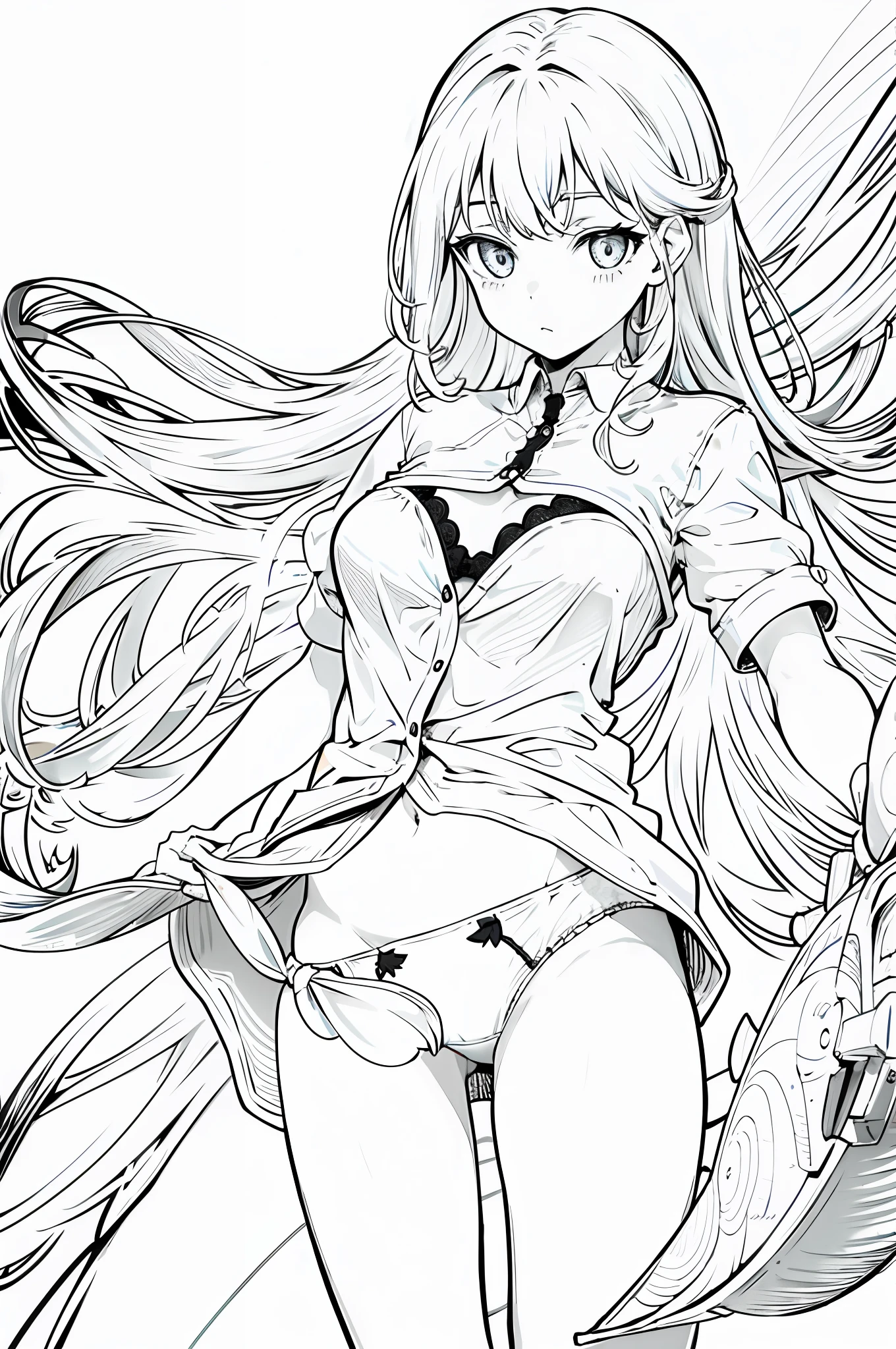 best quality, masterpiece, lineart, 1 girl,no_clothes, underwear, clear_background, beautiful eyes, lineart, monochrome