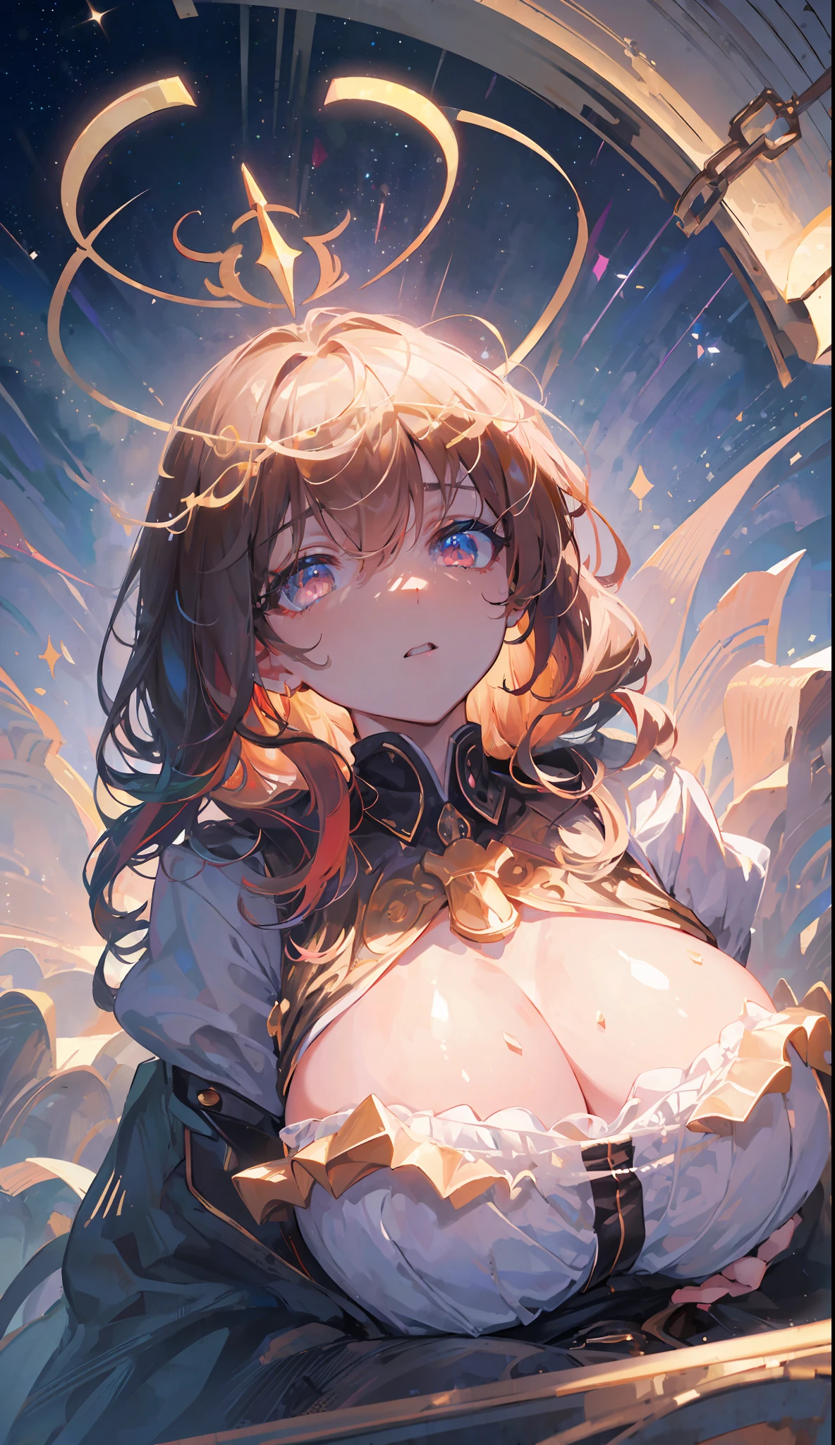 ((big chest, tomboy, small head)), (cut abs: 1.1), (perfect body: 1.1), (short wavy hair: 1.2), auburn hair, collar, chain, full body, workout , sweat, (extremely detailed CG 8k wallpaper), (extremely delicate and beautiful), (masterpiece), (best quality: 1.0), (ultra high resolution: 1.0), beautiful lighting, perfect lightning, realistic shadows, [high resolution], detailed skin, super detailed (((colorful))),close-up, big eyes, eyes, complex eyes, unique pupils, unusual pupils,starry sky, stars in the background, shining halo,((ultra detail retina:1.5)),embarassed, (midriff),((ultra detail eyes:1.5)),((extremely detailed CG unity 8k wallpaper,masterpiece, best quality)), ((ultra-detailed)),(best illumination, best shadow, an extremely delicate and beautiful),(extremely detailed CG unity 8k wallpaper,masterpiece, best quality, ultra-detailed),(best illumination, best shadow, an extremely delicate and beautiful),((panoramic view)),((far away)),(full body)