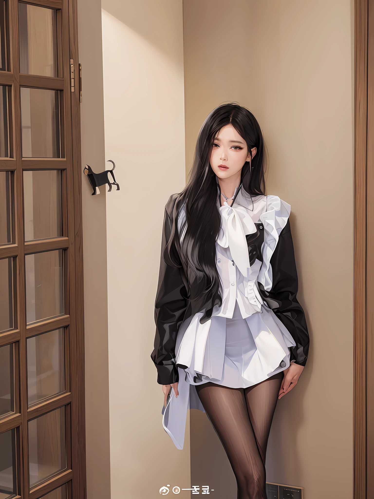 In the room stood a woman, holding a book, Urzang, Kim Young-sin, white clothes, Inmi Zen, frilled outfit, in Yeonnam, frilled flower collar, loose coat collar sailor uniform, Choi Hyun-hwa, Bae Suzi, Ziyu from twice, charming and seductive, Konbi, white and black, long legs, black skirt, long hair