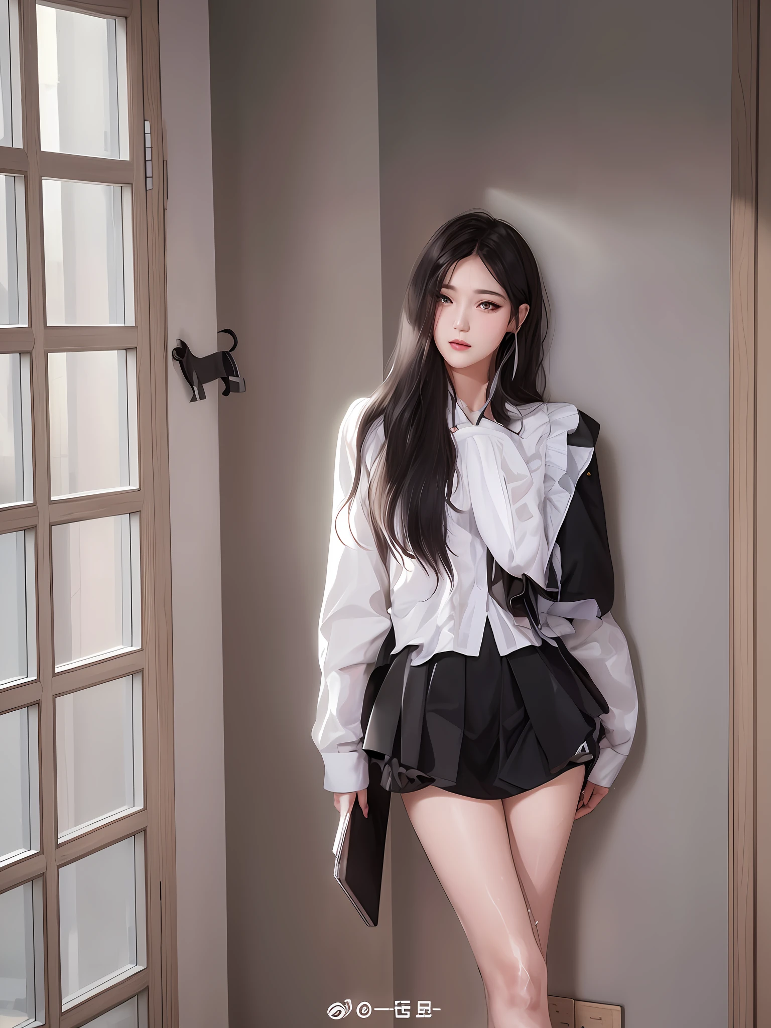 In the room stood a woman, holding a book, Urzang, Kim Young-sin, white clothes, Inmi Zen, frilled outfit, in Yeonnam, frilled flower collar, loose coat collar sailor uniform, Choi Hyun-hwa, Bae Suzi, Ziyu from twice, charming and seductive, Konbi, white and black, long legs, black skirt, long hair