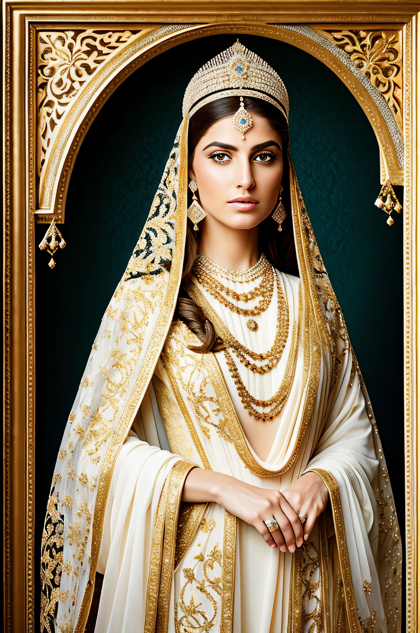 Face portrait 1 The Queen of Persia, a beautiful young Jewish woman with graceful figure, long, neatly haired, fair skin, dressed in luxurious clothing and jewelry that reflected the fashion and opulence of the Persian court of the time.
 Realistic, negative space, front view