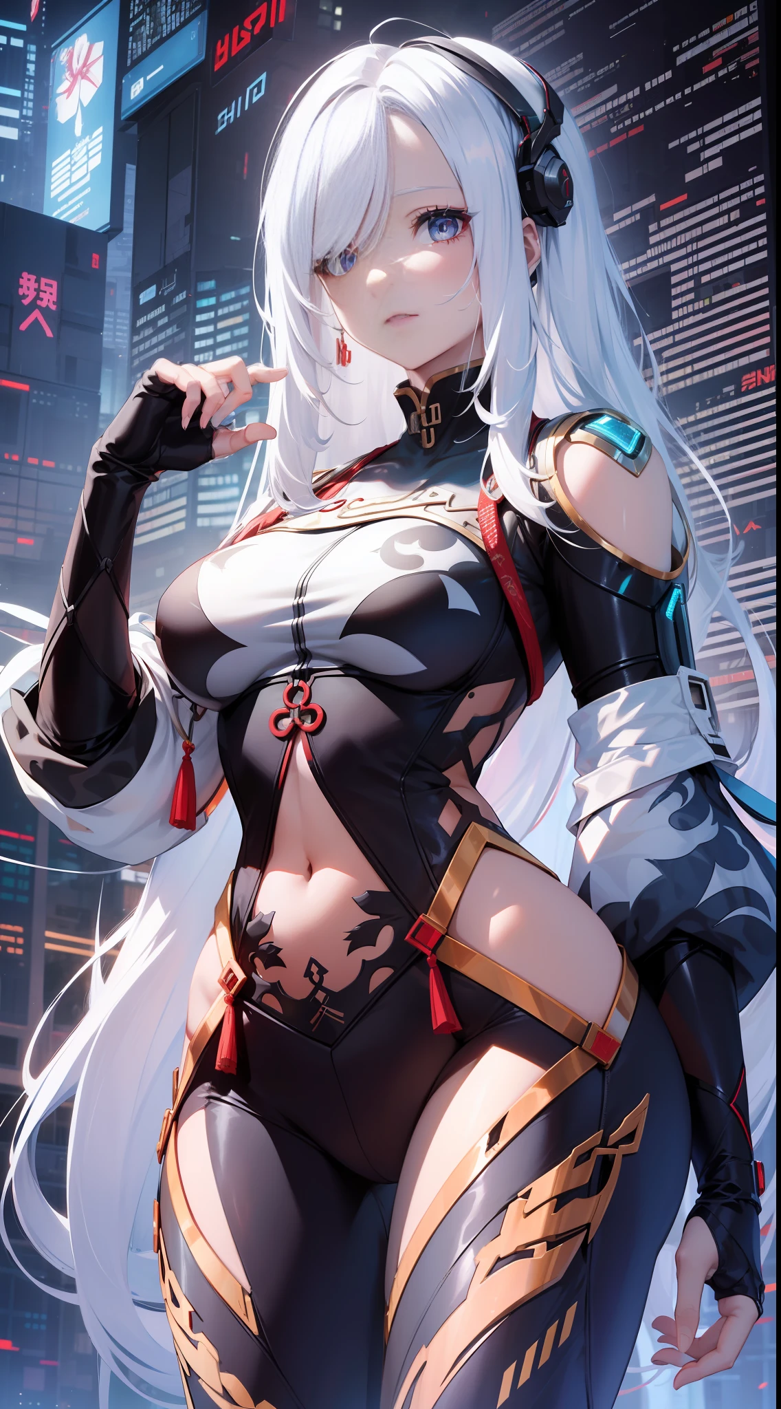 Long white hair, ((may God, (Shenhe, Shenhe))), cyberpunk, (detail: 1.4), robotic arm, body definition thick thigh cybernetic body parts