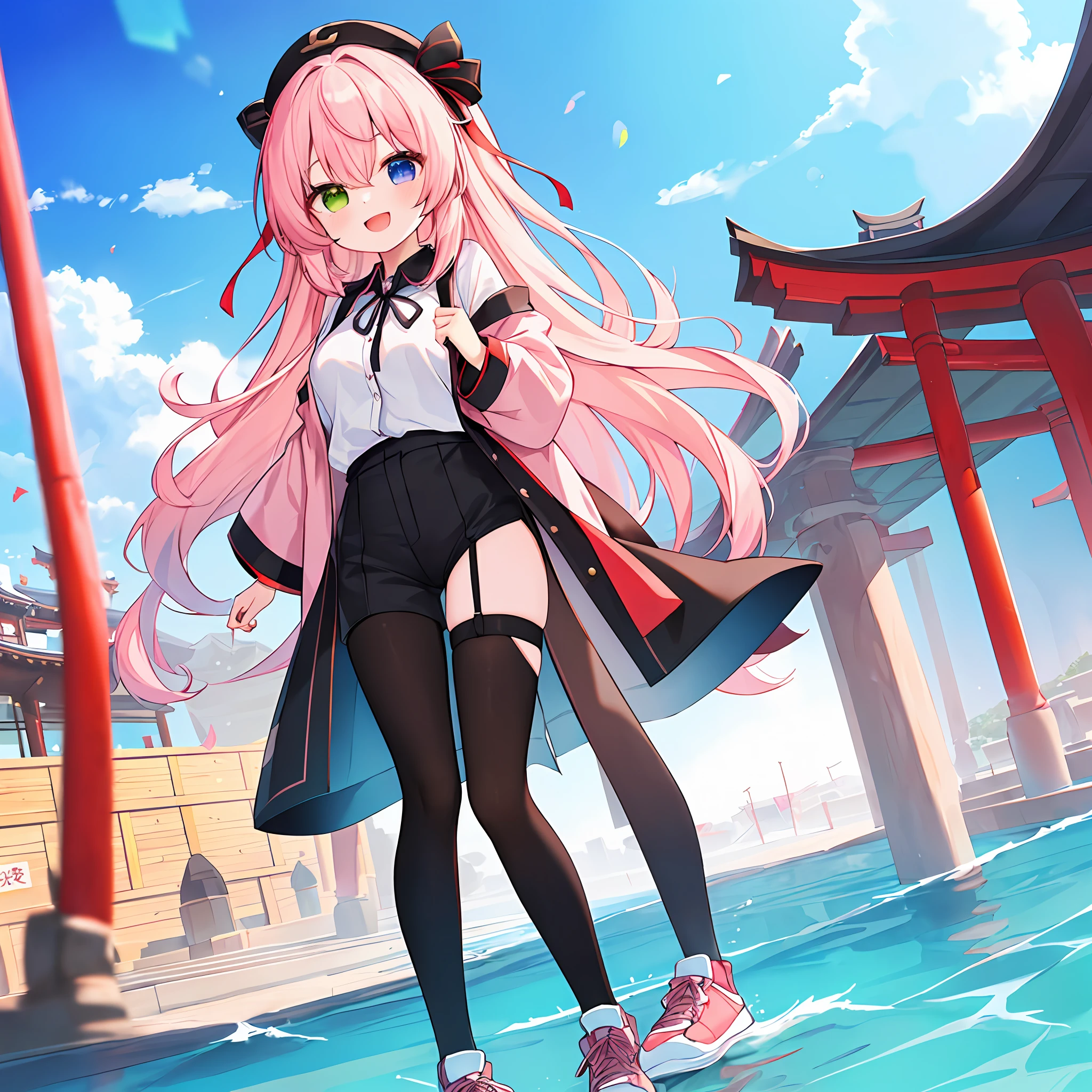 (Masterpiece, Super Detail, Top Quality, 32k, High Resolution, Kyoto Animation Style Anime Illustration, Top Quality Official Art Features: 1.6), (Heterochromia, Blue and Green Eyes: 1.8), (Chibi: 1.8), (Caregiver, One Cute Girl, Solo, Standing, Watch Viewer, Full Body, Predecessor, Cute Open Mouth, Makeup, Cute, Happy Smile: 1.3), (Lori : 1.2), (cute: 1.5), (Clothing: black long undershirt, 3 button simple design red polo shirt, black pants), (Footwear: sneakers), (Pale pink hair, twin blades, long hair, hair ribbon, cute ribbon: 1.1), thin eyebrows, big breasts, standing, full body