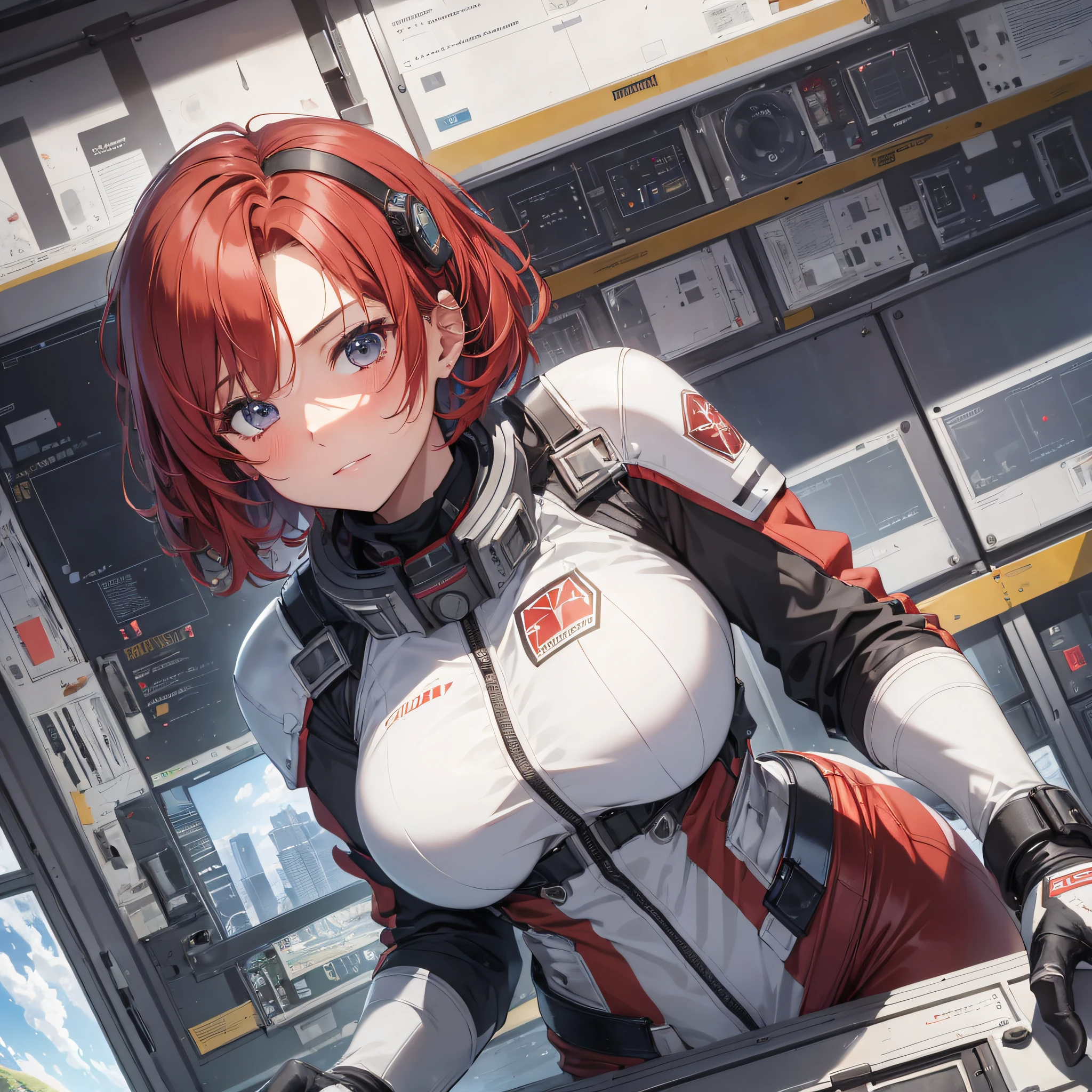 Absurd resolution, high resolution, (masterpiece: 1.4), hyper-detail, 1 young woman, short red hair, pilot suit, rich princess, shy blushing expression, background is a large scientific observatory with lots of big screens