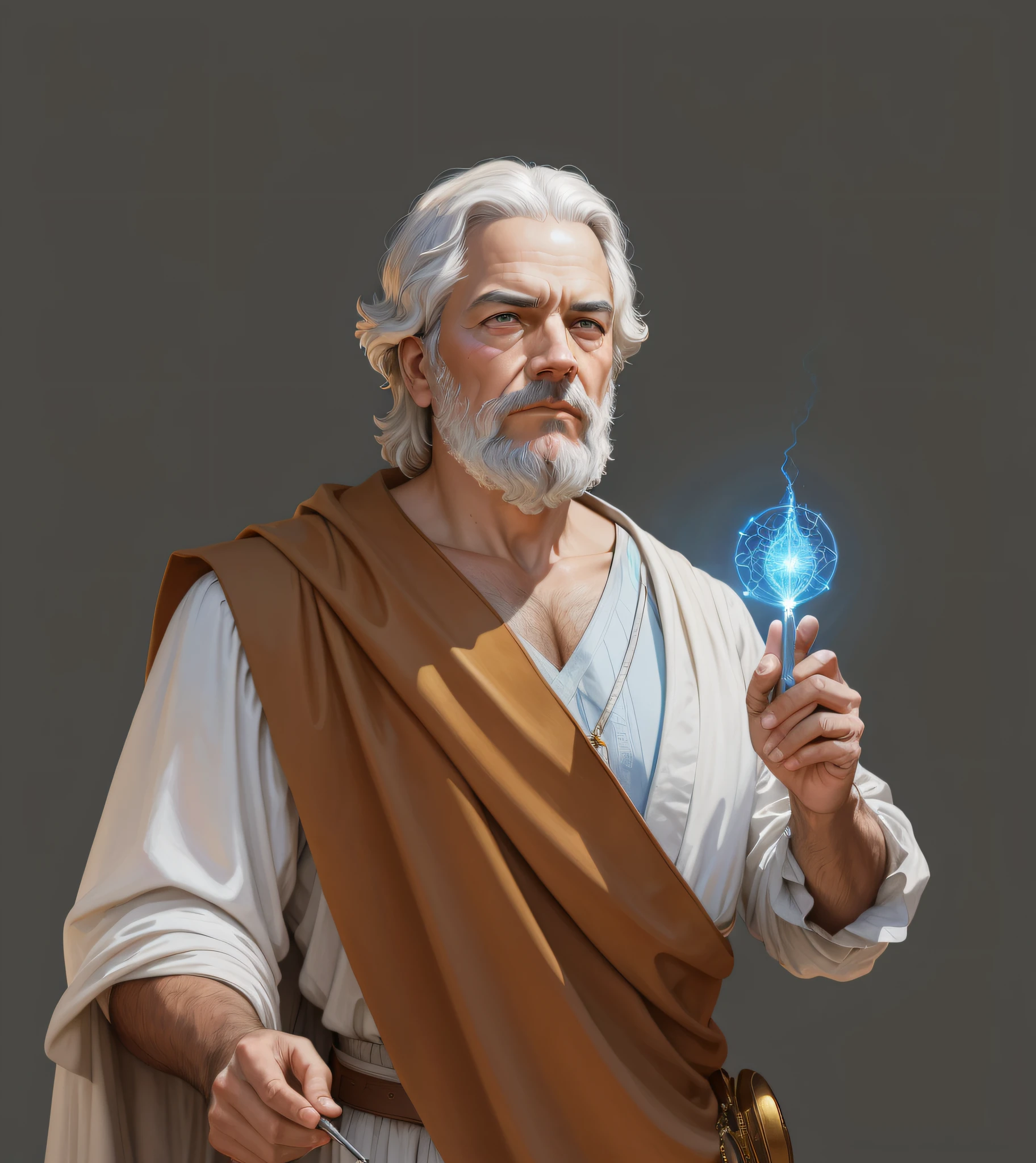 The work is created using realistic oil painting techniques, ancient Greek philosopher, Socrates, inspired by Max Magnus Norman, complete portrait of the electronic master, inspired by Jean Bello, Nicolas Tesla, Guillium Poongiruppi, portraits of characters, Luis Ricardo Ferrero, portrait of epic elegance, Santiago Martínez Delgado, Frank-Xavier-Linedecker style digital figure concept art, white, scientific illustration, Magali-Villeneuve, Walt Disney, light and shadow, simplified and stylized portraits, surreal, animated energy, surreal portraits, beautiful character paintings, serious expressions, gorgeous costumes, artists in Leonardo da Vinci's style, skillfully capturing every detail, hand-painted, eyes looking into the camera