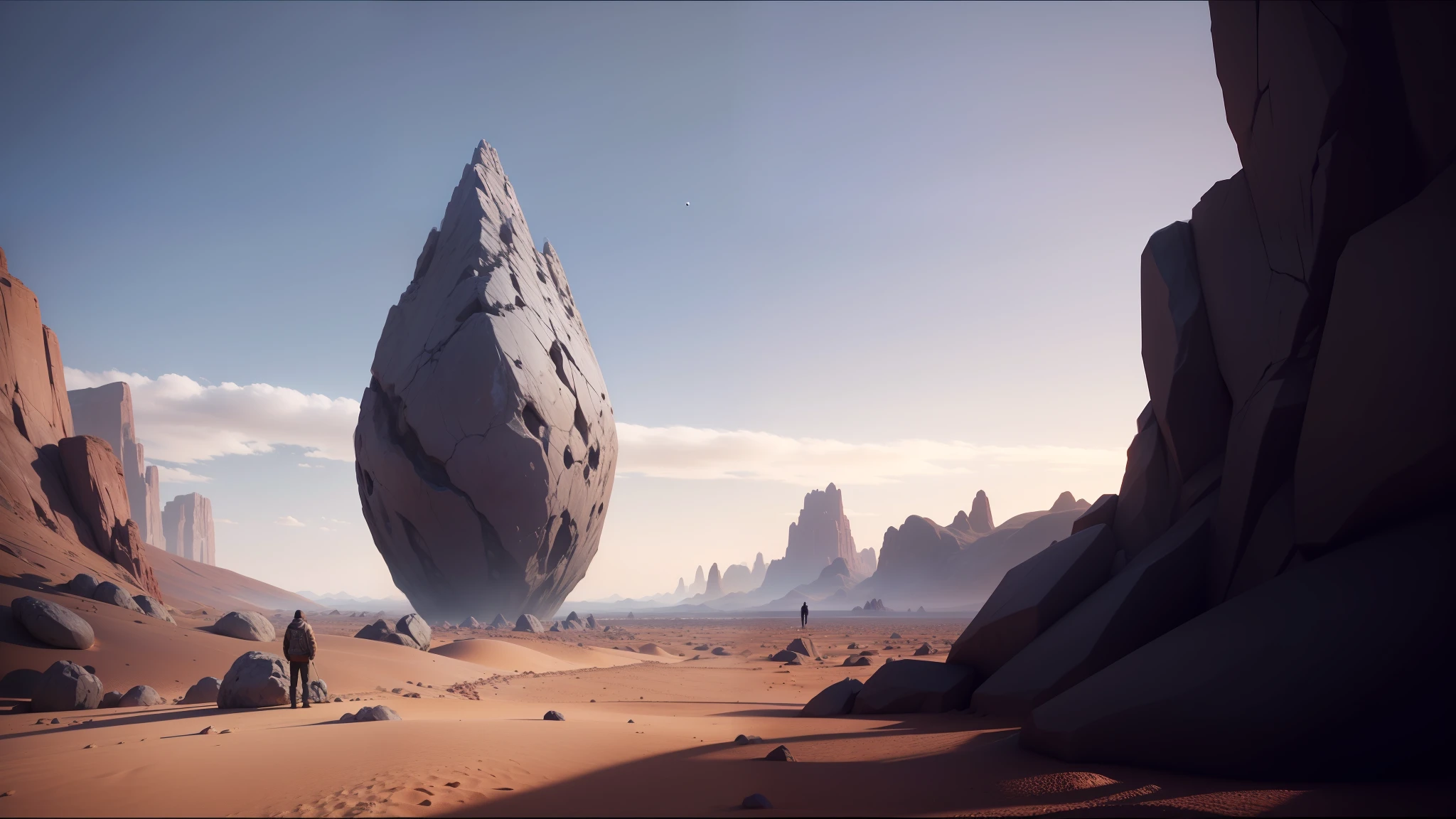 there is a man standing in the desert with a huge rock, artistic render, lucid dream, by Hans Fries, polyhedral, tear drop, still frame from a movie, david hardy, award-winning render, by Ras Akyem, progressive rock album cover