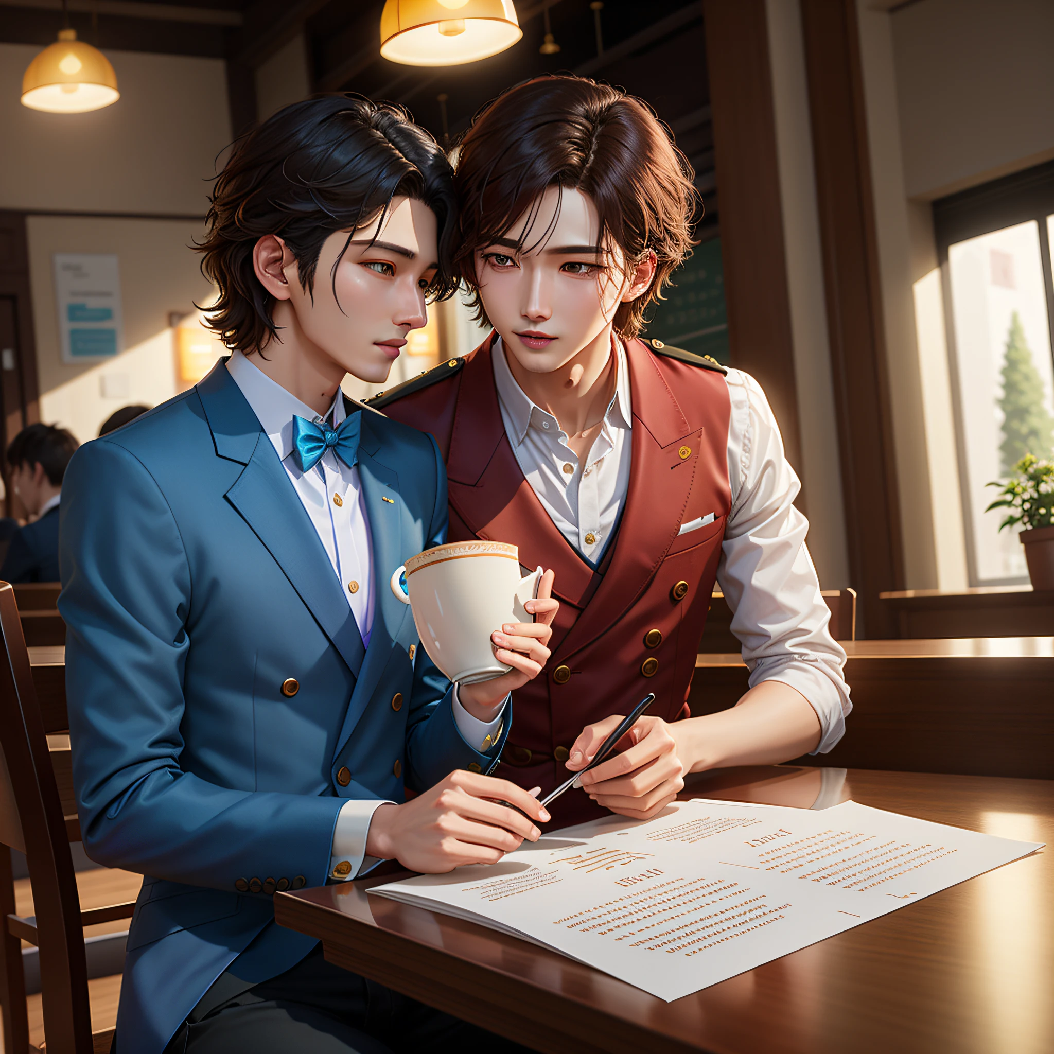 They are in a café with a menu and cups, Alessio Albi and Shin Jeongho, Cai Xukun by Jang Seung-eop, Jin Shan and Ross Tran, Gunwoo Kim and J.Dickenson by Jeonseok Lee, gay, by Ni Yuanlu, yaoi, inspired by Jeonseok Lee, smiling and romantic, for book cover