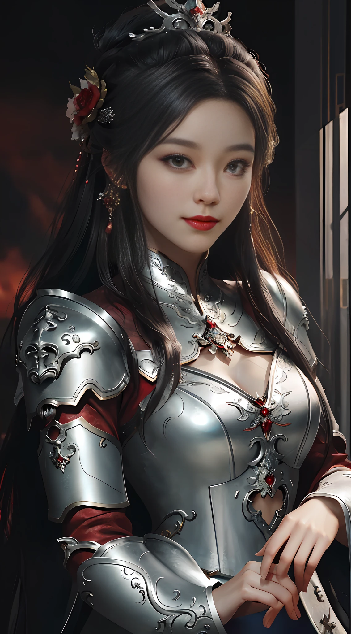Close-up of a woman in a silver and red dress, Cheng Wei Pan on ArtStation, by Yang J, detailed fantasy art, stunning character art, fan art best art, epic exquisite character art, beautiful armor, extremely detailed art germ, detailed realistic style, artgerm on artstation pixiv, armor girl, smile, look at the audience