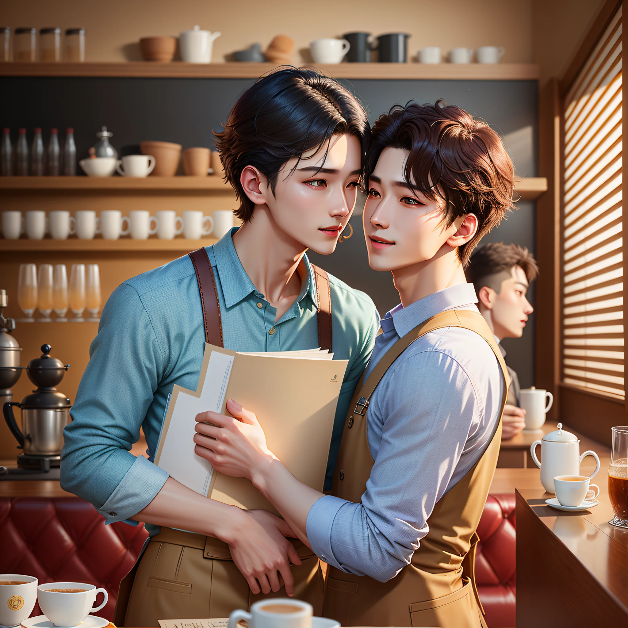 They are in a café with a menu and cups, Alessio Albi and Shin Jeongho, Cai Xukun by Jang Seung-eop, Jin Shan and Ross Tran, Gunwoo Kim and J.Dickenson by Jeonseok Lee, gay, by Ni Yuanlu, yaoi, inspired by Jeonseok Lee, smiling and romantic, for book cover