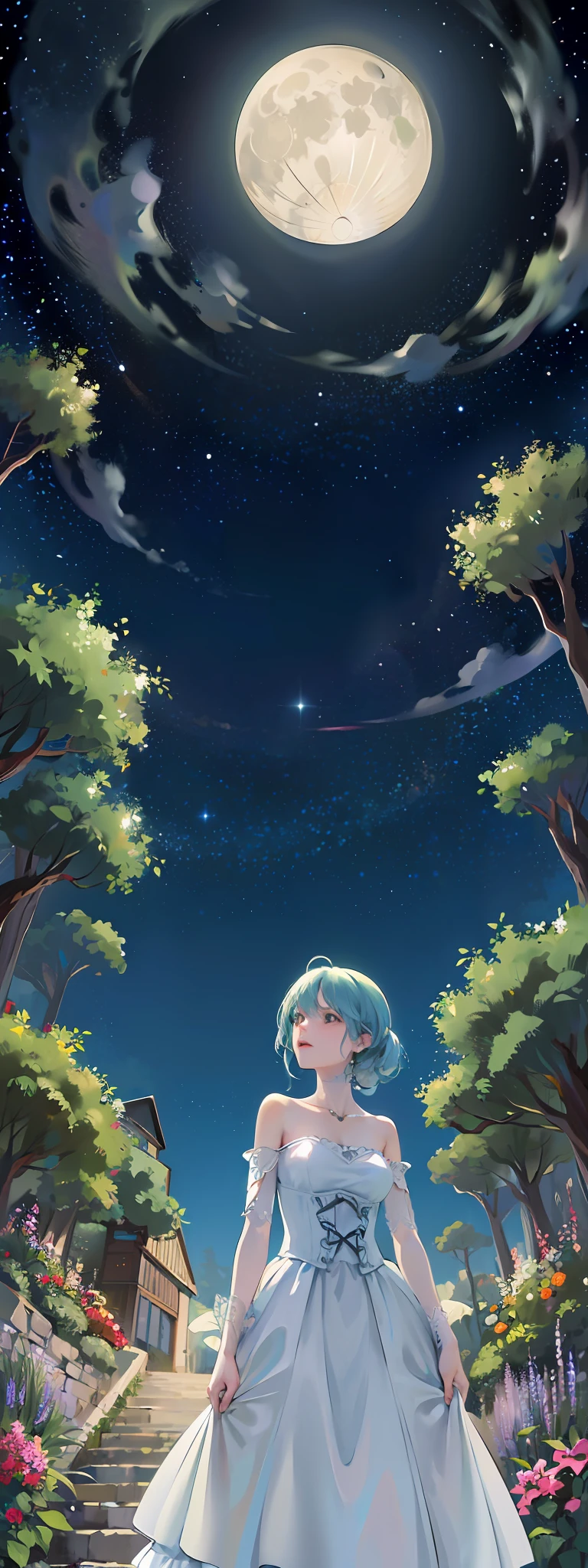 ((Starry Sky, Full Moon, Forest)), from below, (whole picture, sky above, garden garden below), Long focal length, ultimate sense of picture, elegant woman, looking up at the moon, solo, windbling, magic colors, fractal art, dreamy colorful, grass house, romantic silk dress, elegant, flowing, summer