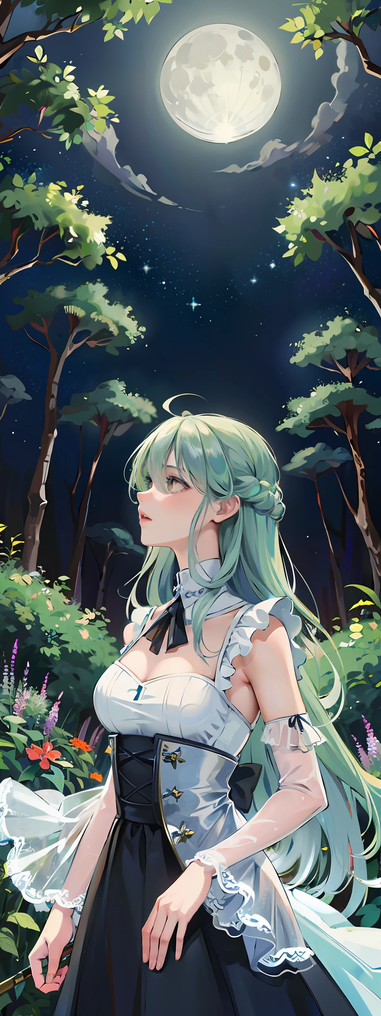 ((Starry Sky, Full Moon, Forest)), from below, (whole picture, sky above, garden garden below), Long focal length, ultimate sense of picture, elegant woman, looking up at the moon, solo, windbling, magic colors, fractal art, dreamy colorful, grass house, romantic silk dress, elegant, flowing, summer