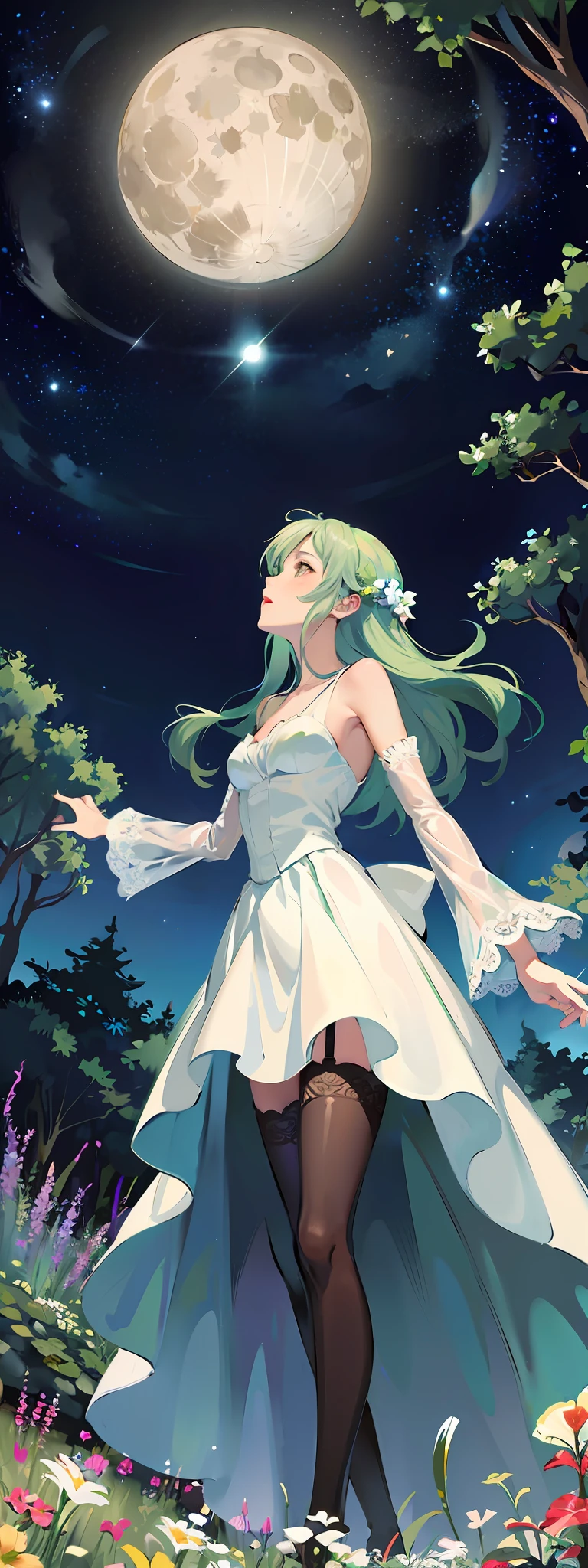 ((Starry Sky, Full Moon, Forest)), from below, (whole picture, sky above, garden garden below), Elegant Woman, Look Up at the Moon, Solo, Romantic Dress, Wind Blowing, Magical Colors, Fractal Art, Fantastic Colorful, Silk Dress, Thin, Stockings, Elegant, Flowing, Summer