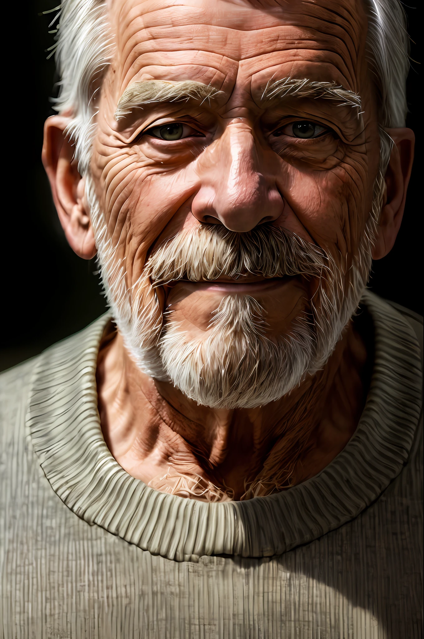 (masterpiece, photorealistic, raw,:1.4), (extremely intricate:1.2), close up, cinematic light, sidelighting, ultra high res, best shadow, RAW, upper body, old man, wearing pullover,