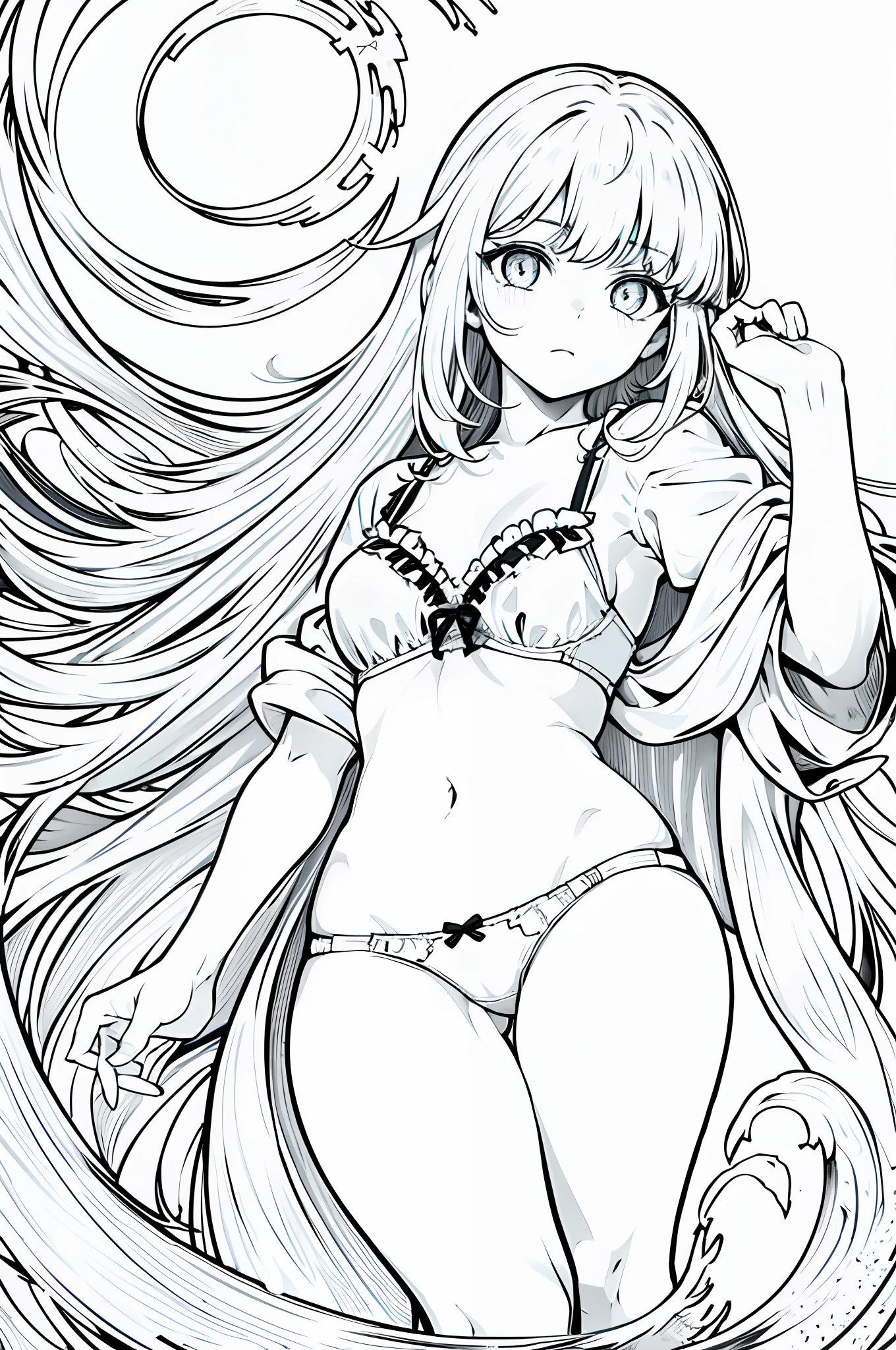 best quality, masterpiece, lineart, 1 girl, no_clothes, underwear, clear_background, beautiful eyes, medium lenght hair, bangs, stoic, lineart, monochrome