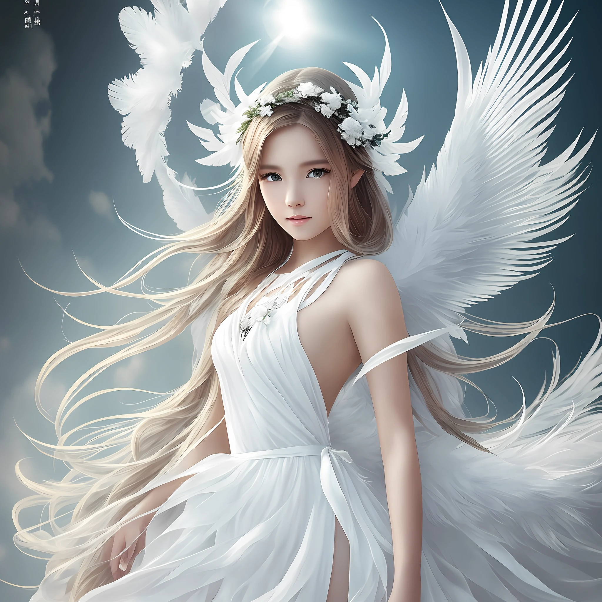 Beautiful angel in white dress, art station chengwei, halo, white feathers --auto --s2