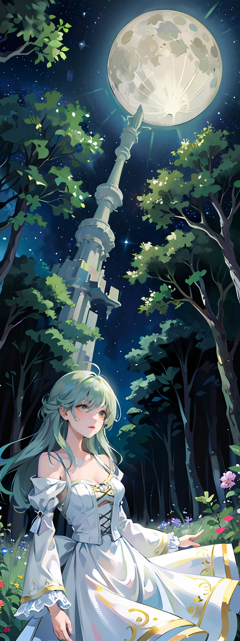 ((Starry Sky, Full Moon, Forest)), from below, (whole picture, sky above, garden garden below), elegant woman, look up at the moon, solo, romantic dress, print, windbling, magic color, fractal art, dreamy colorful, light half-open dress, elegant, flowing, summer