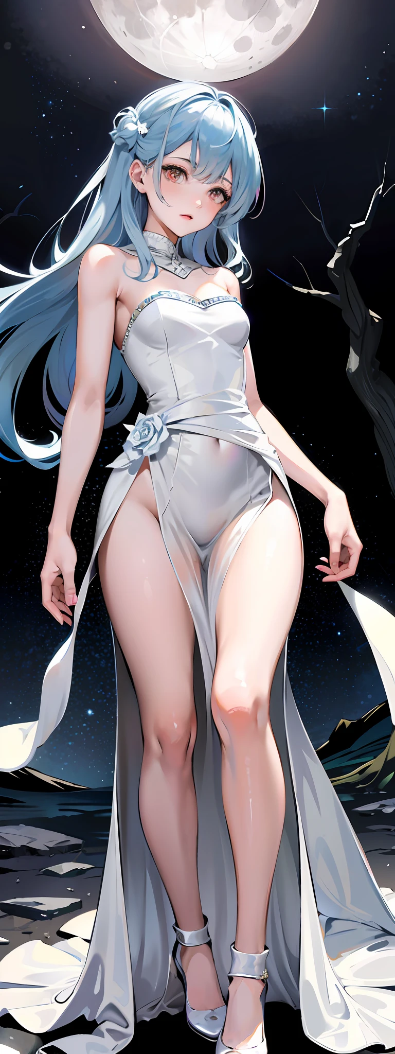 ((Starry Sky, Full Moon, Forest)), elegant woman in dress, looking up at the moon, solo, romantic dress, print, windblown wind, fashion dress, thin waist, light half-open dress, soft silk fabric, thin, revealing figure, elegant, flowing, summer, strapless, from below, (the whole picture, the sky accounts for more than half, the characters account for a small half)
