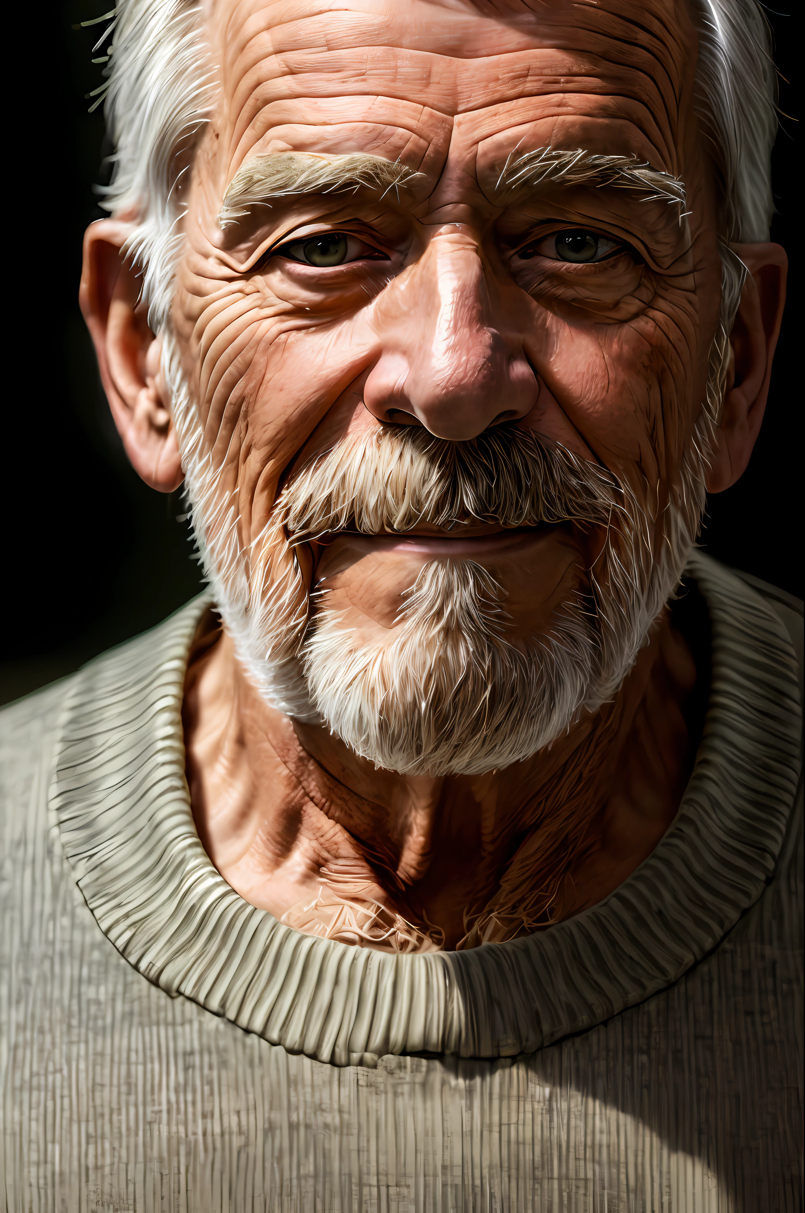 (masterpiece, photorealistic, raw,:1.4), (extremely intricate:1.2), close up, cinematic light, sidelighting, ultra high res, best shadow, RAW, upper body, old man, wearing pullover,