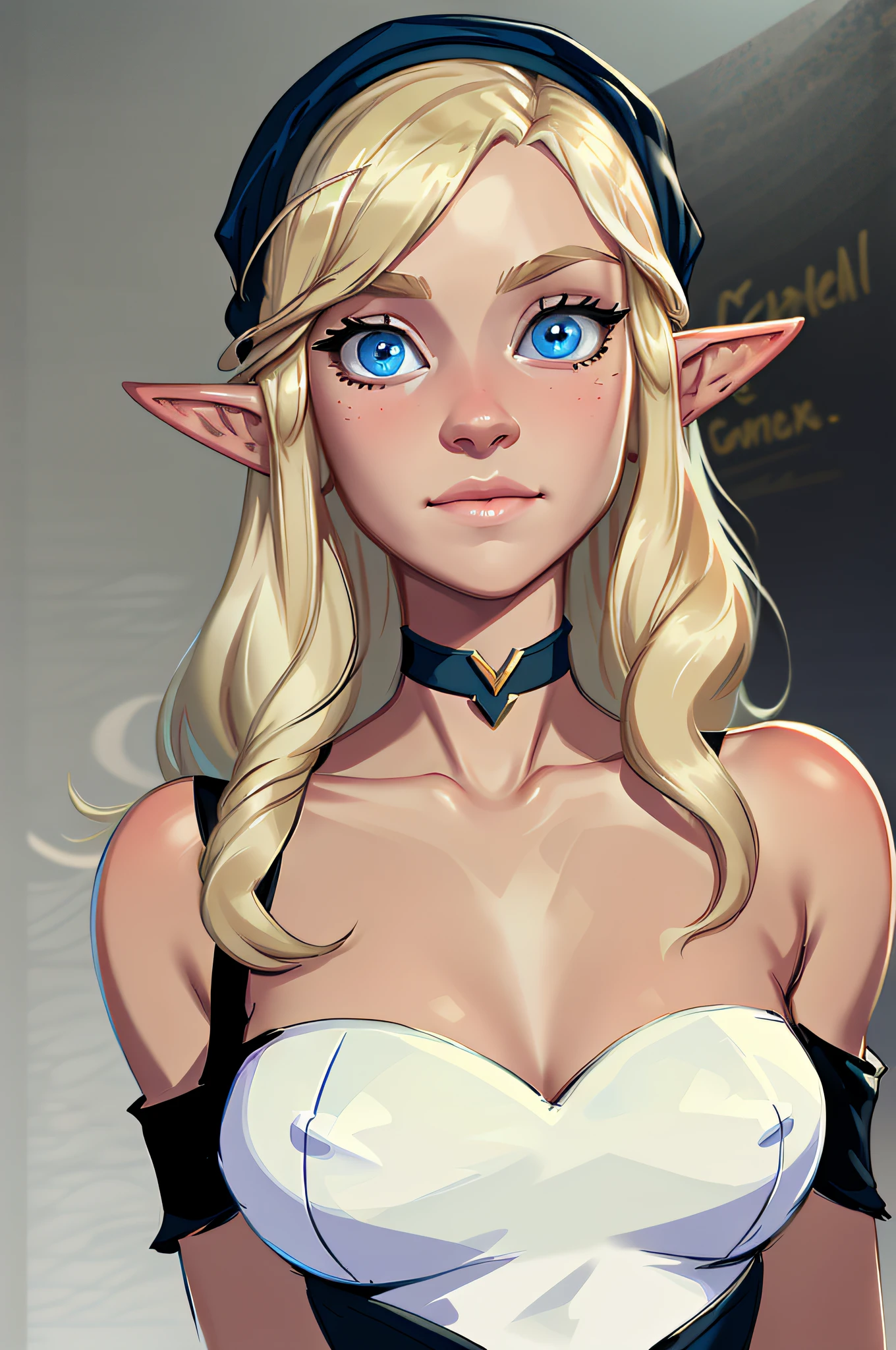 masterpiece, best quality, concept art of a beautiful happy blond elven sexy , blue eyes, wearing a regal black puffy shoulderless dress, blushing, delicate hands, black chocker,