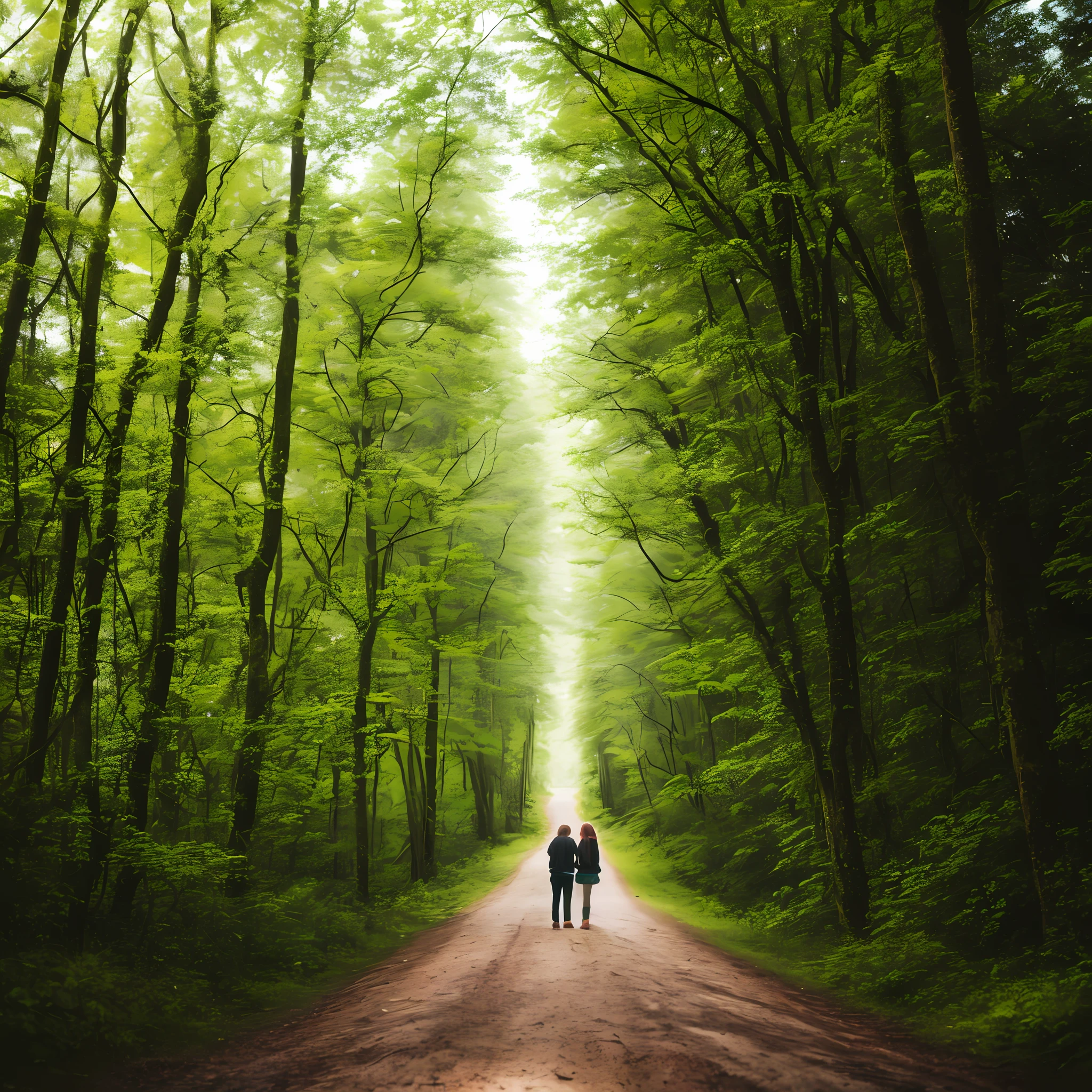 Road in the Forest and girl walk with lover and flower fall off and missing photo paint